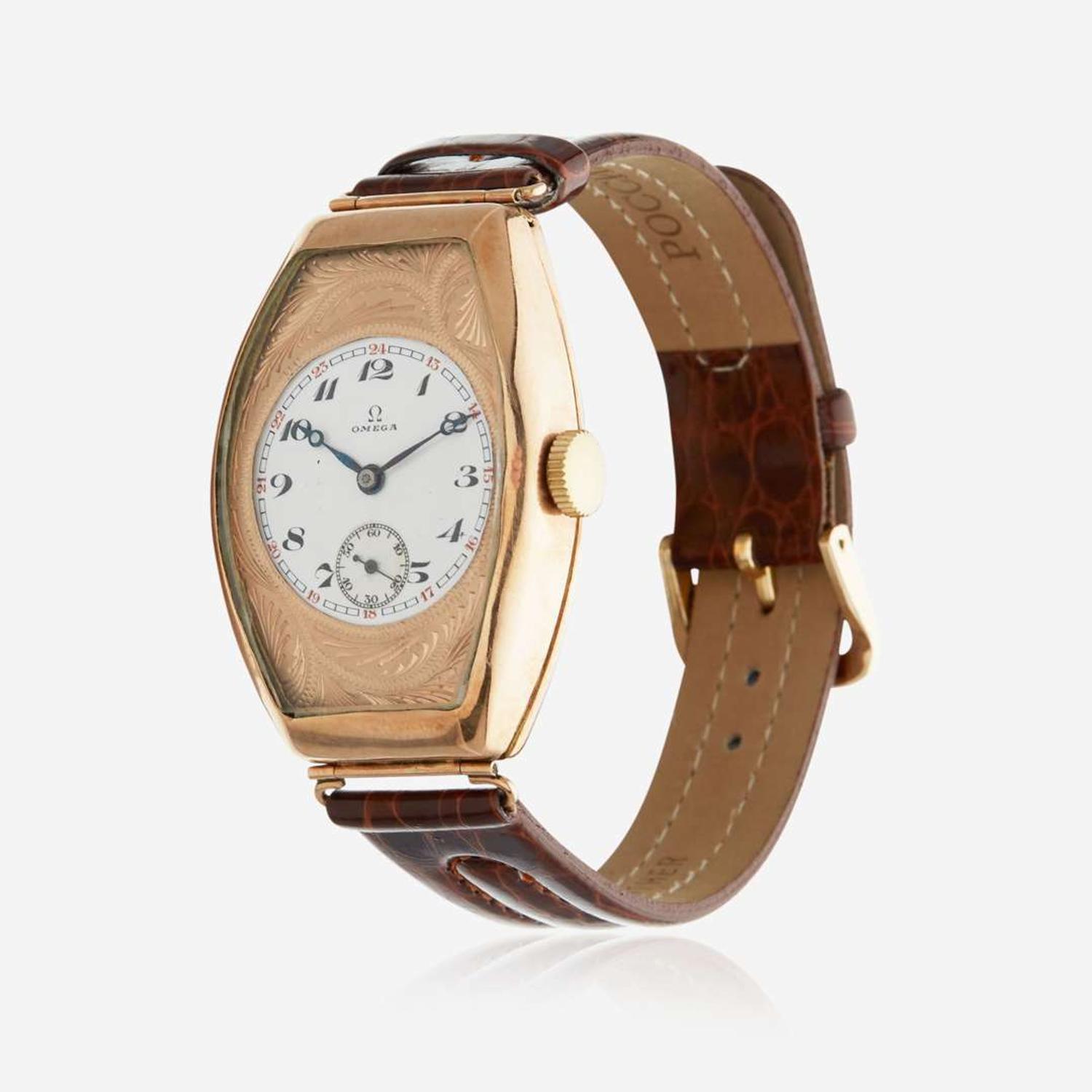 A rose gold drivers watch, Omega C. 1910