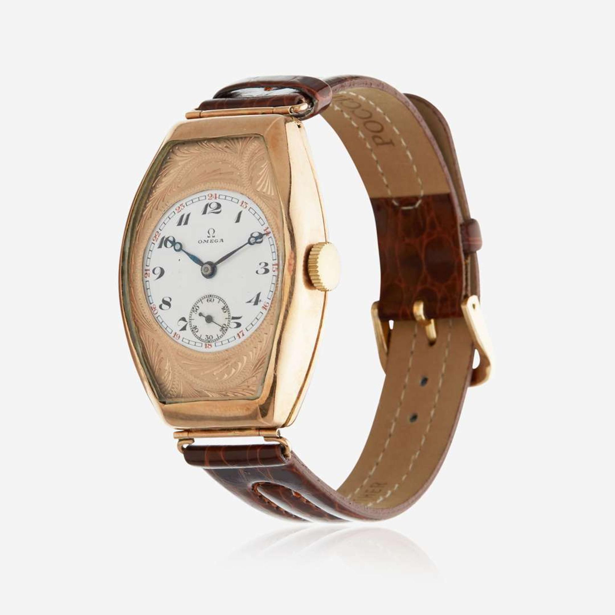 A rose gold drivers watch, Omega C. 1910