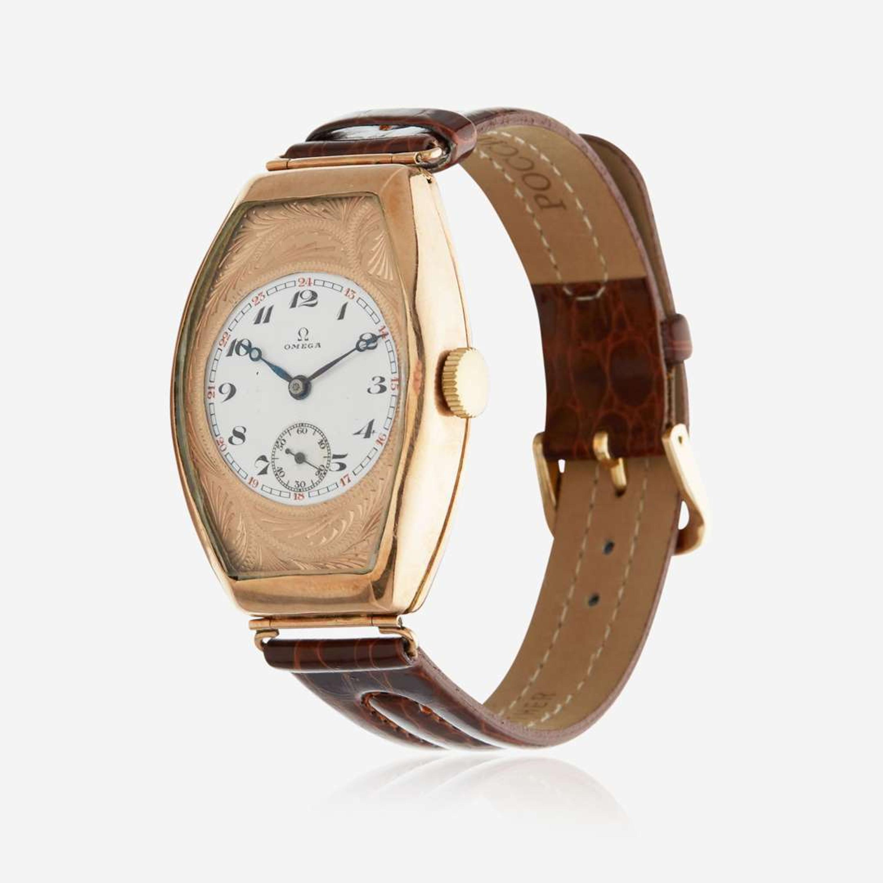 A rose gold drivers watch, Omega C. 1910