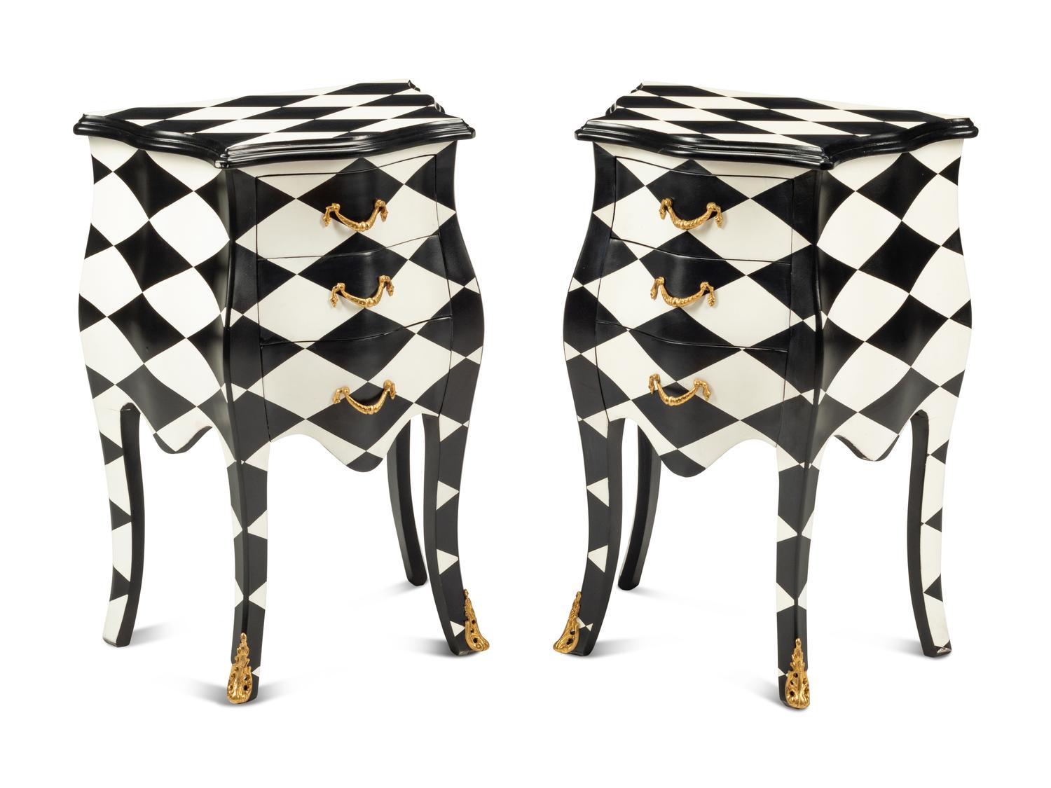 A Pair of Louis XV Style Black and White Painted Bedside Commodes