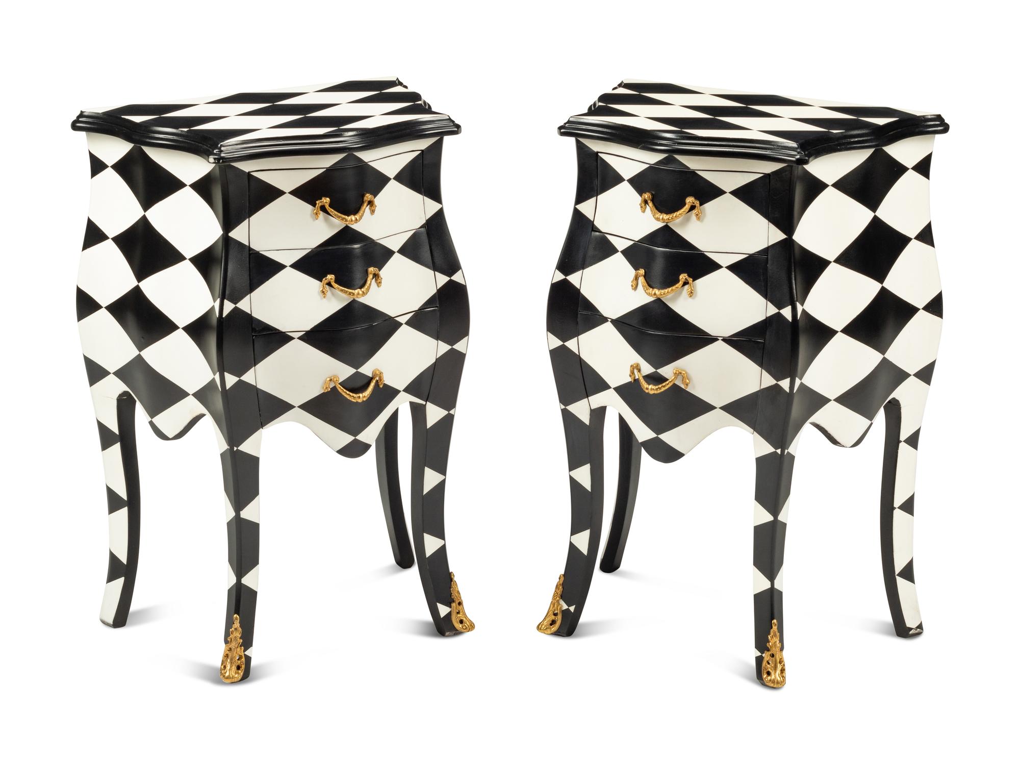 A Pair of Louis XV Style Black and White Painted Bedside Commodes
