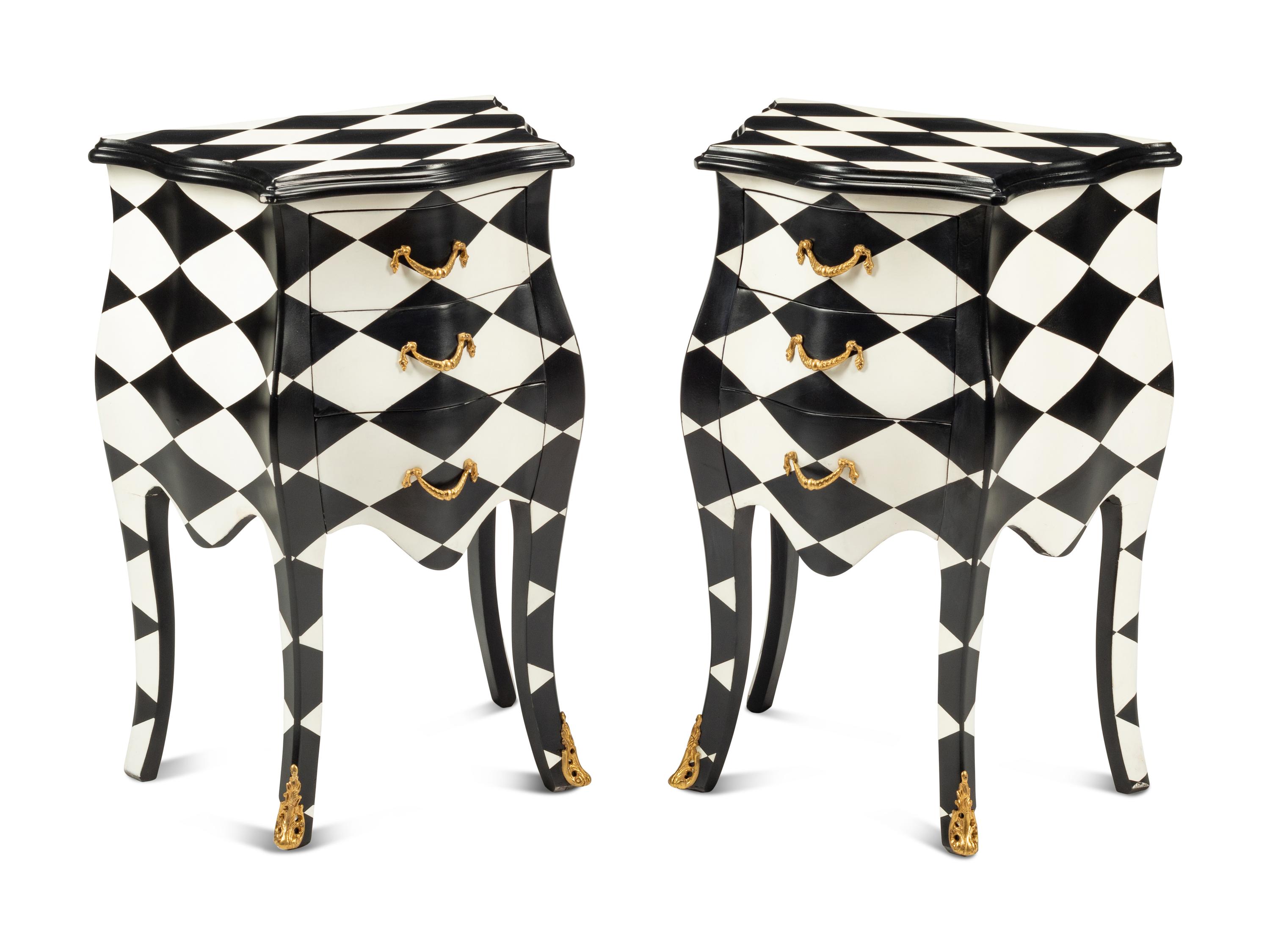 A Pair of Louis XV Style Black and White Painted Bedside Commodes