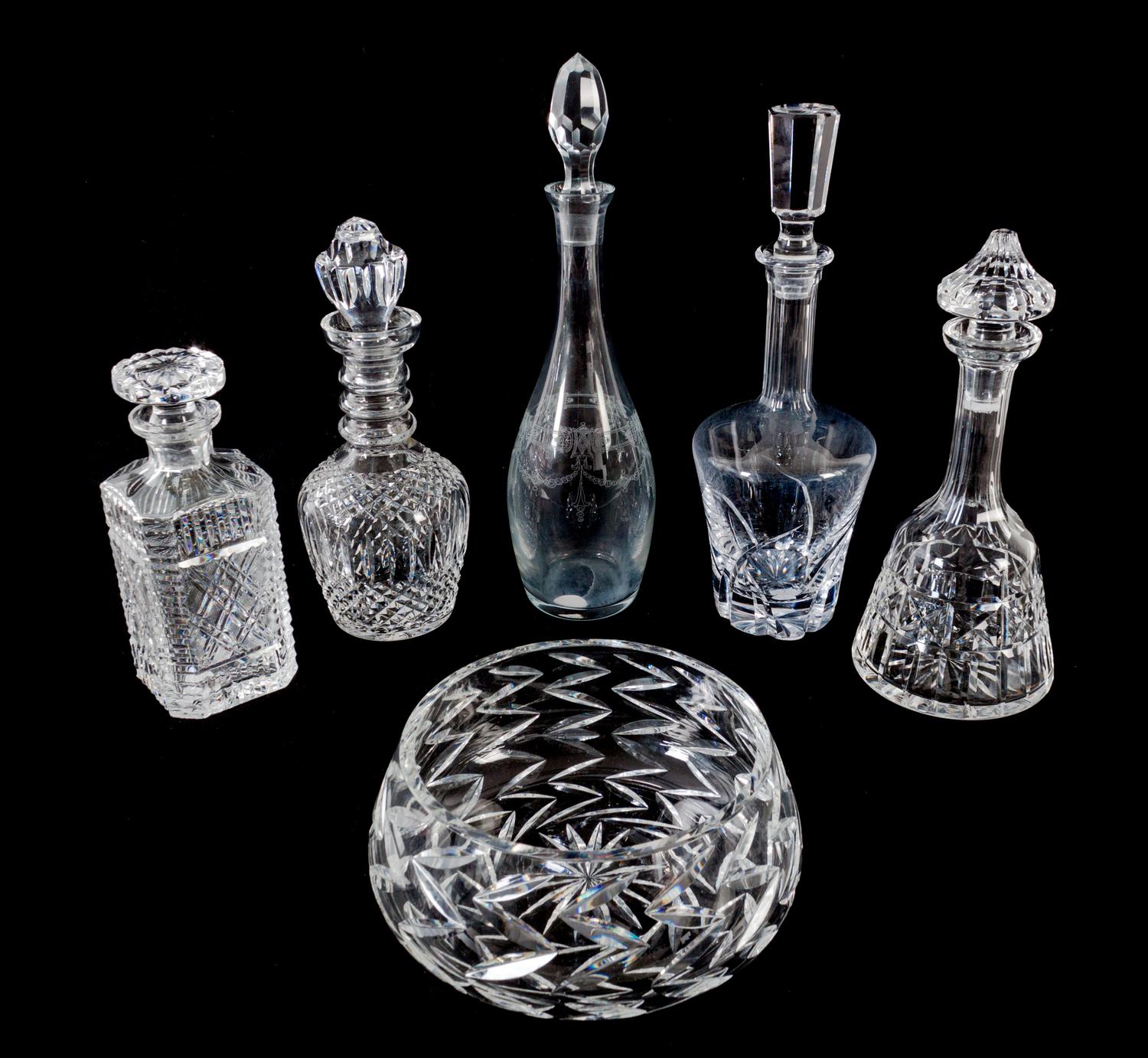 Five Crystal Decanters Height of largest 15 inches. — 20TH CENTURY
