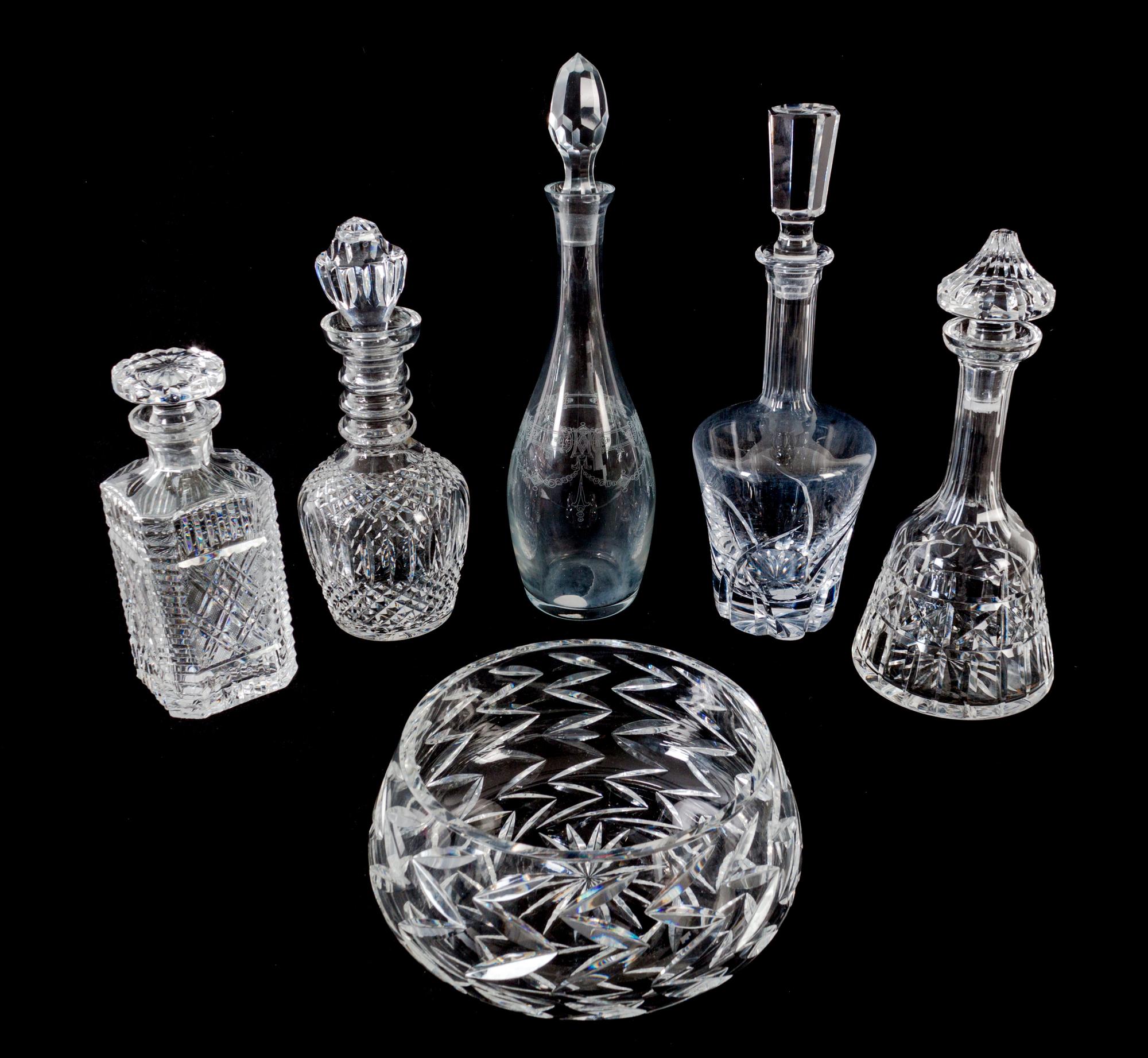 Five Crystal Decanters Height of largest 15 inches. — 20TH CENTURY
