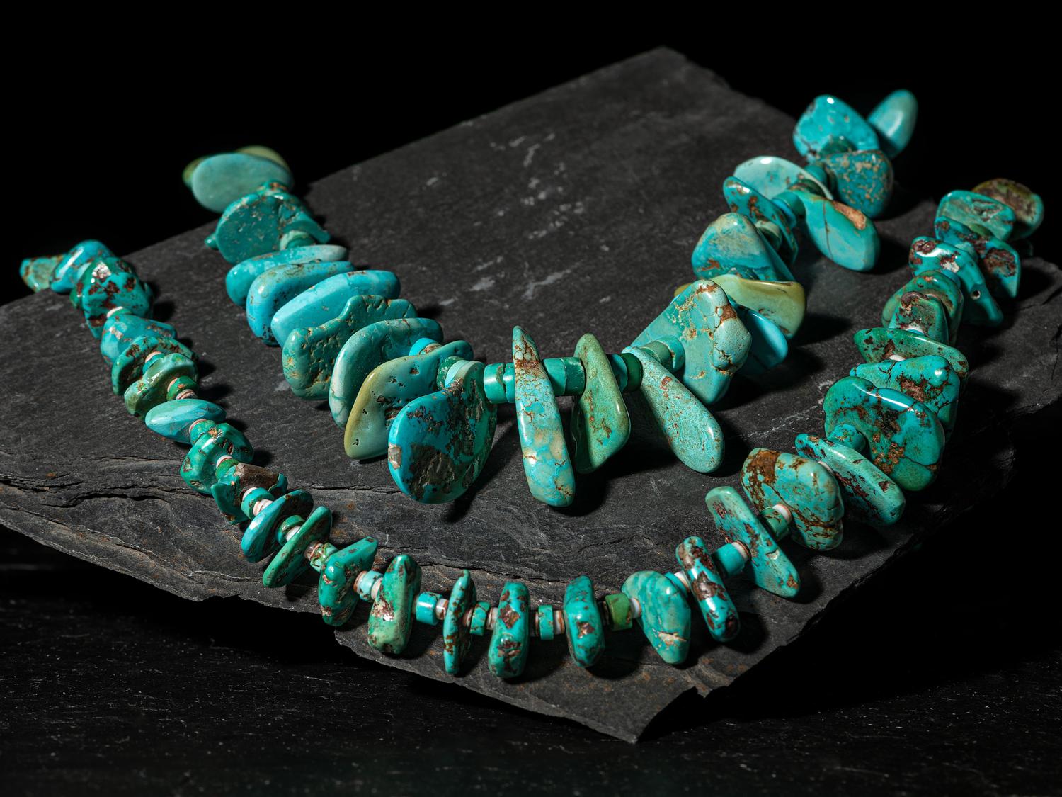 Pair of Navajo or Pueblo Single-strand Turquoise Tab Necklaces