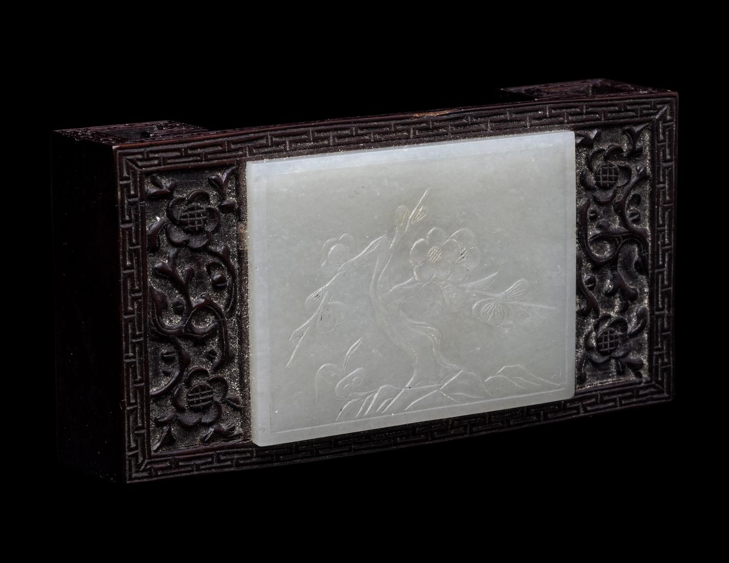 A Chinese Jade Inset Zitan Wood Ink Bed