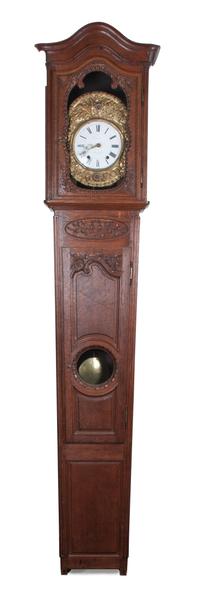 A French Punched Brass and Mahogany Tall Case Clock Height 87 1/2 x width 18 3/4 x depth 10 inches.
