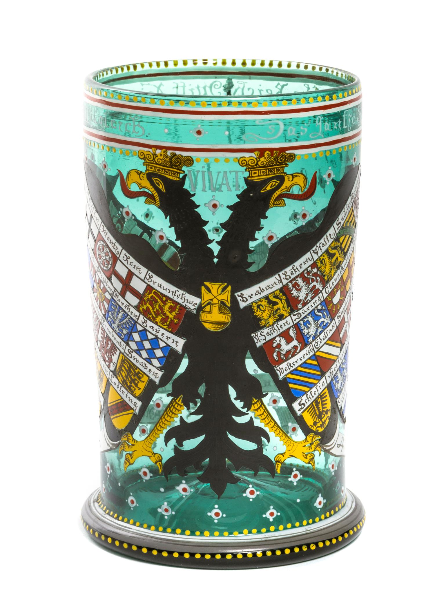 A German Enameled Glass Cylindrical Vessel, Height 7 1/8 inches.