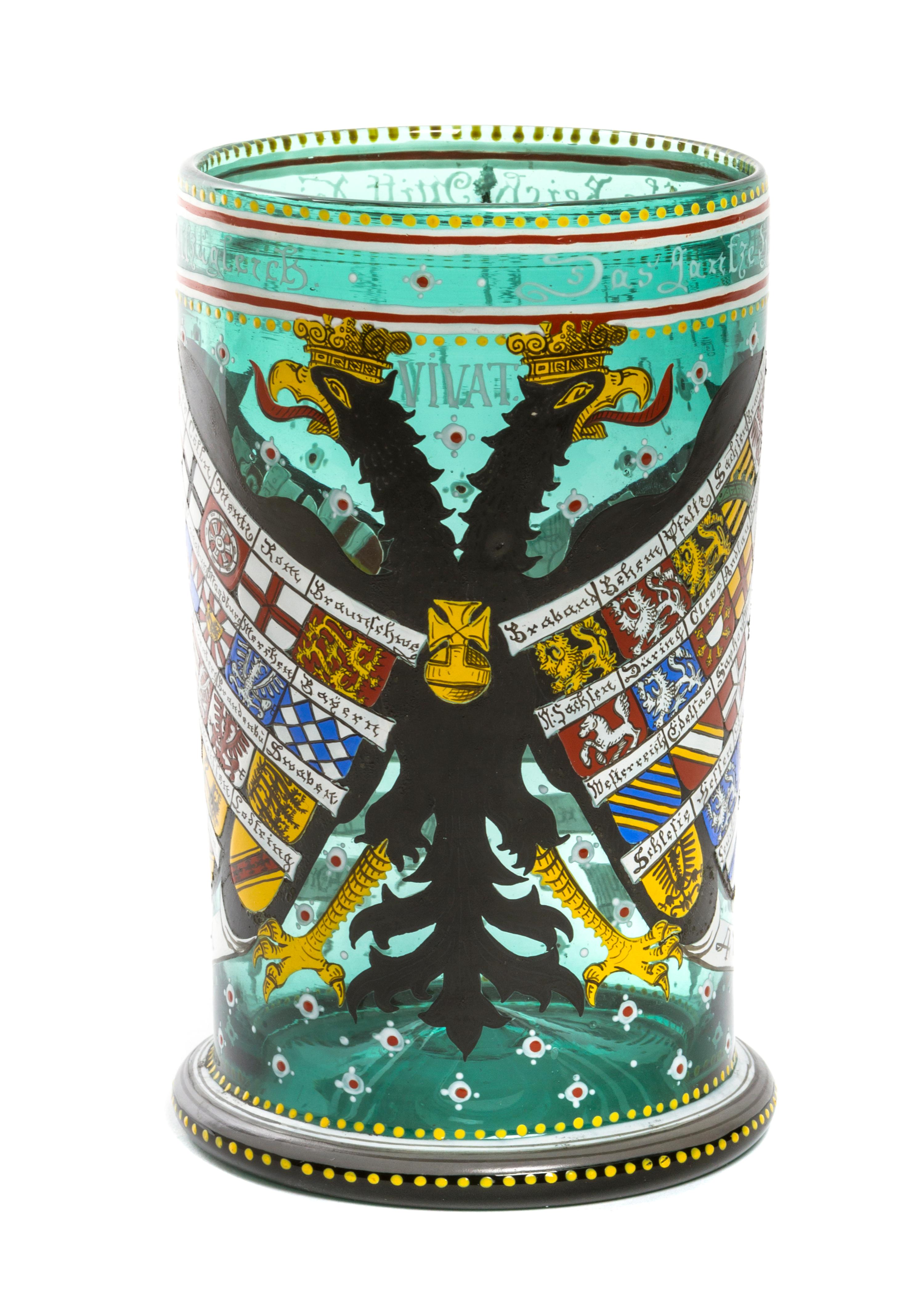 A German Enameled Glass Cylindrical Vessel, Height 7 1/8 inches.