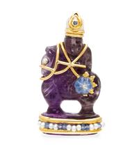 An 18 Karat Yellow Gold, Carved Amethyst, Sapphire and Pearl Warrior Brooch, Seaman Schepps, 19.30 dwts.