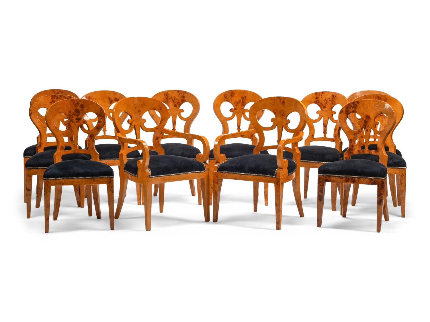 A Set of Twelve Biedermeier Style Burlwood Dining Chairs