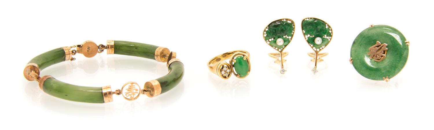 A Collection of Yellow Gold, Jade, Nephrite, Cultured Pearl and Diamond Jewelry, 24.90 dwts.