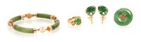 A Collection of Yellow Gold, Jade, Nephrite, Cultured Pearl and Diamond Jewelry, 24.90 dwts.
