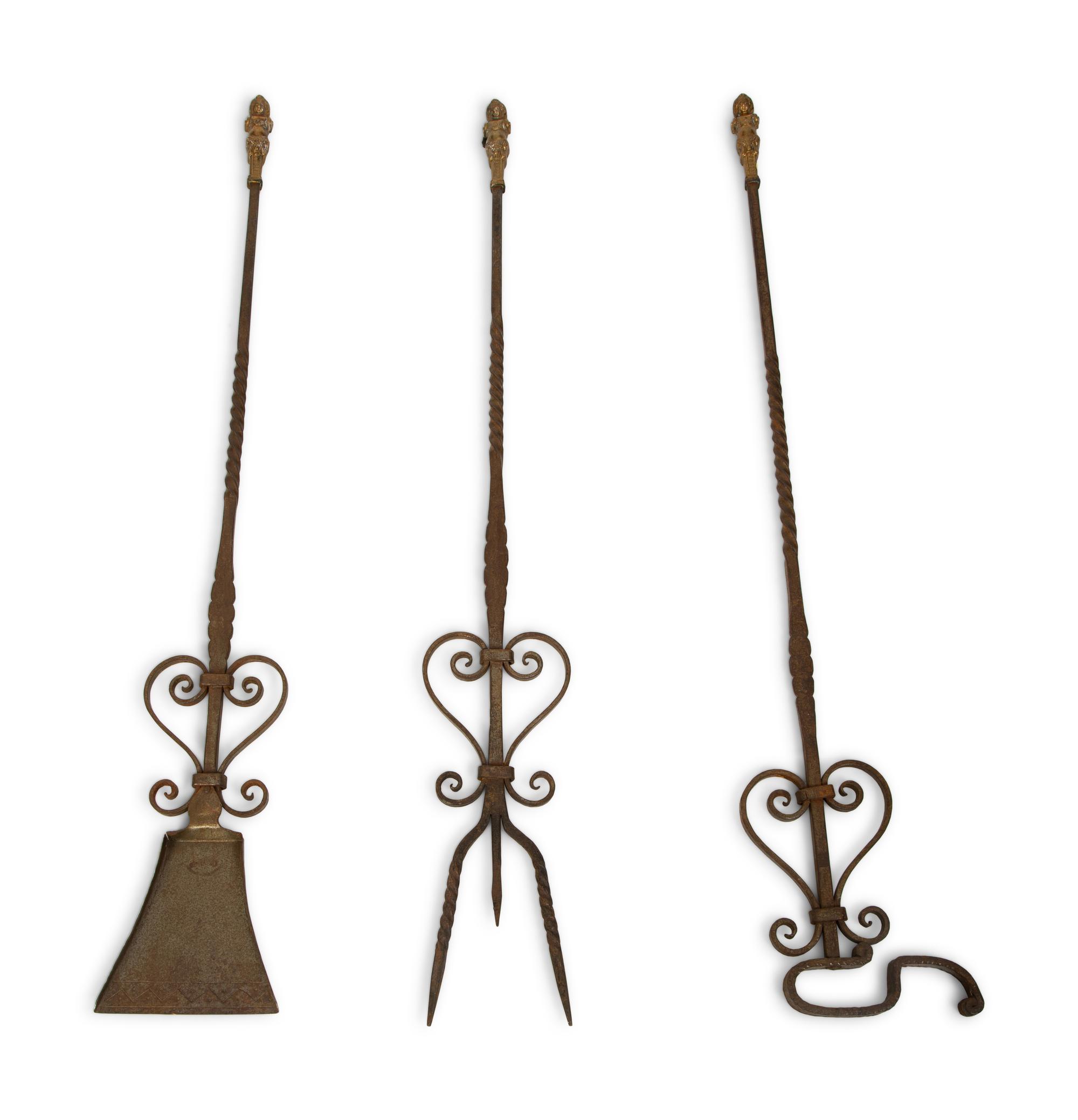 A Set of Three Steel and Brass Fire Tools with Figural Handles — 19TH CENTURY