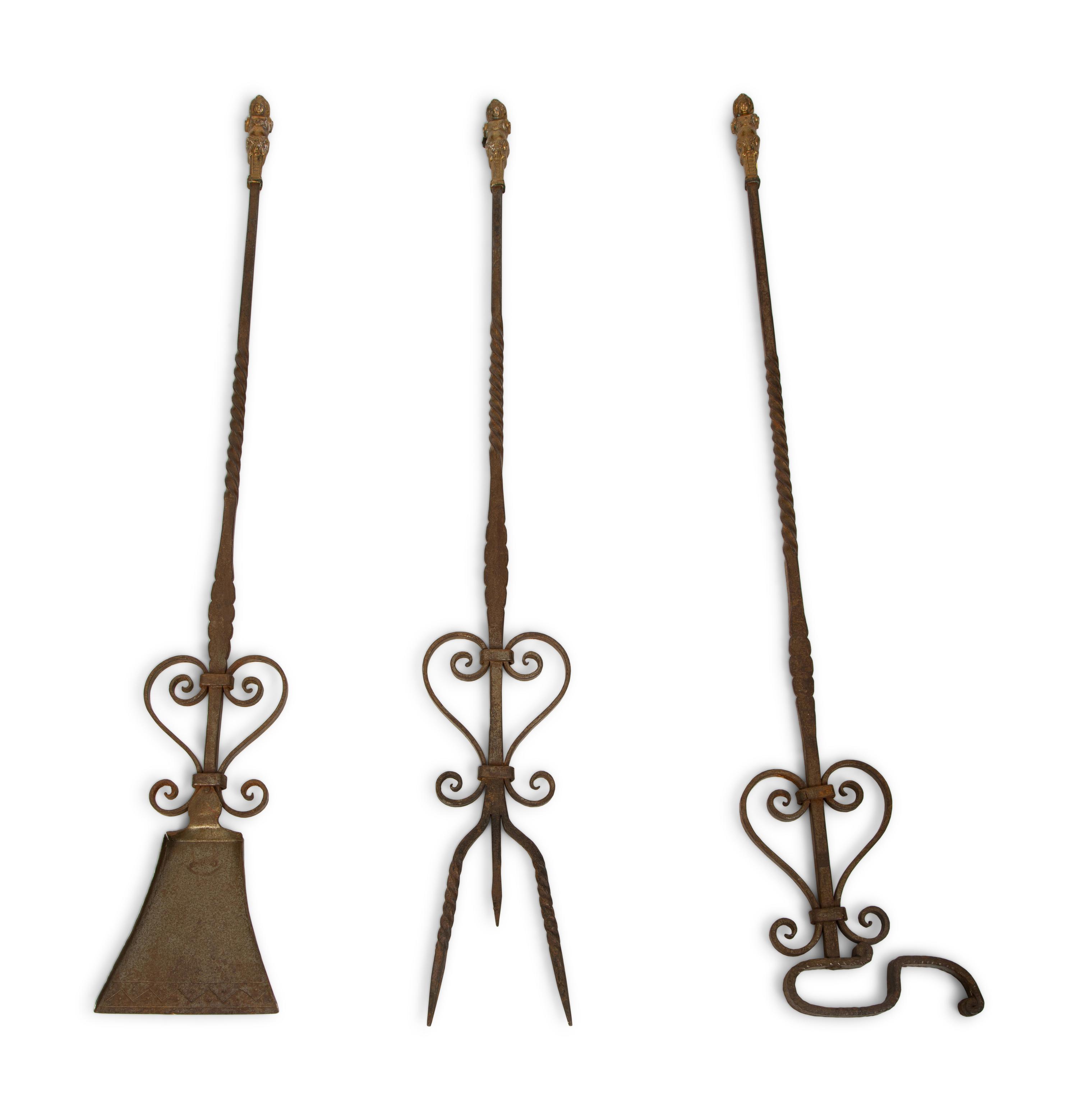 A Set of Three Steel and Brass Fire Tools with Figural Handles — 19TH CENTURY
