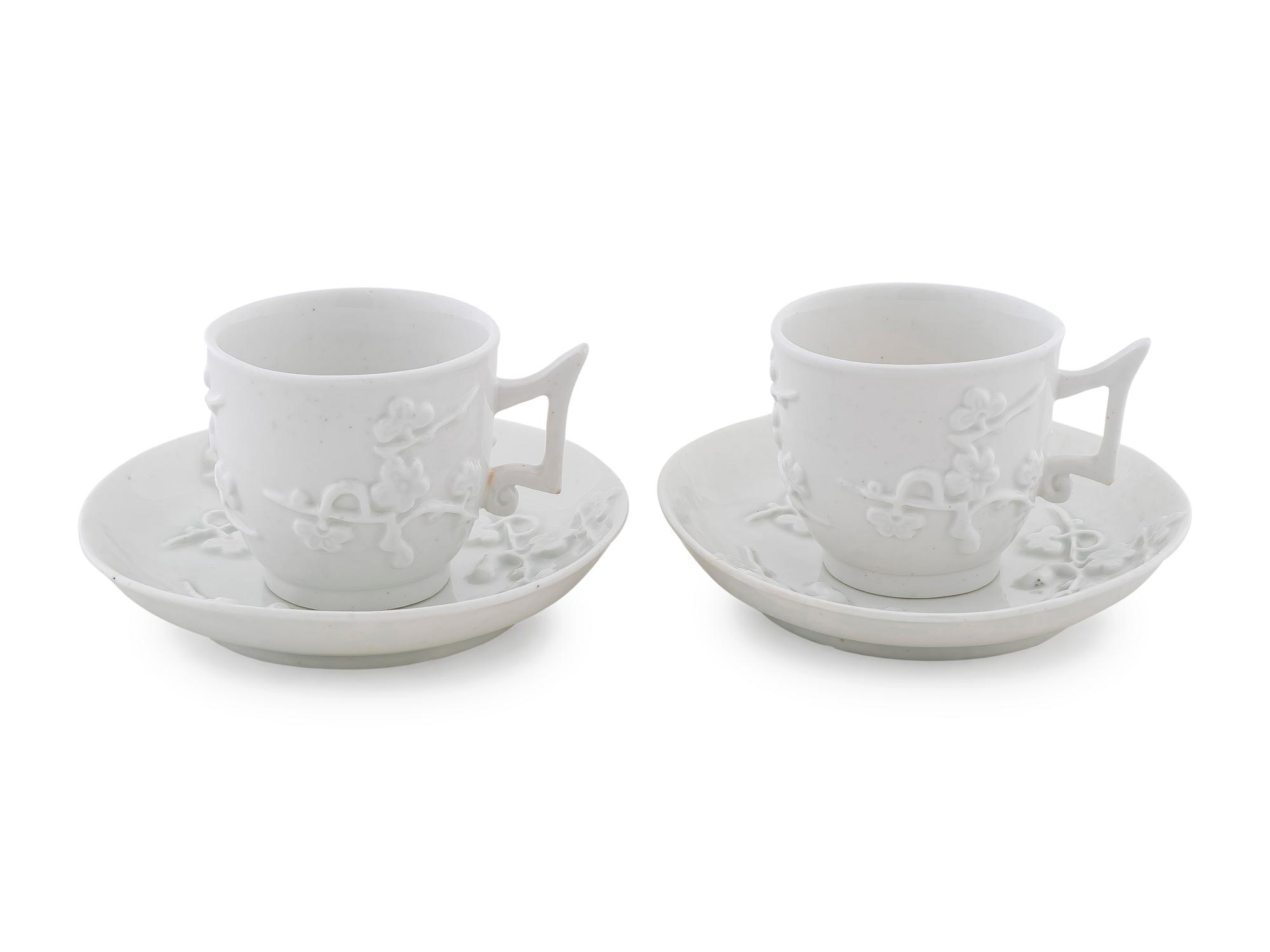A Pair of Chelsea Blanc de Chine Porcelain Cup and Saucers — C. 1760