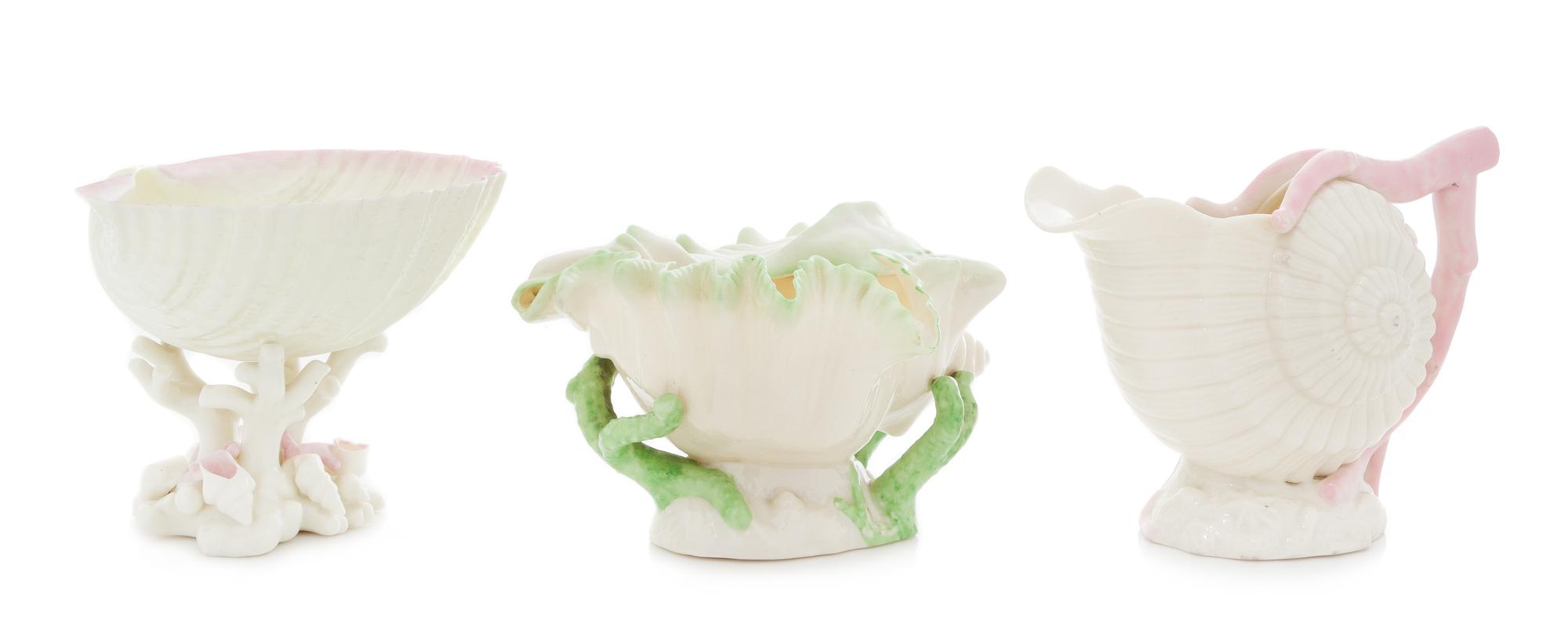 Three Belleek Shell Form Vases Height of tallest 5 1/4 inches. — FIRST AND SECOND BLACK MARKS (1863-1926)