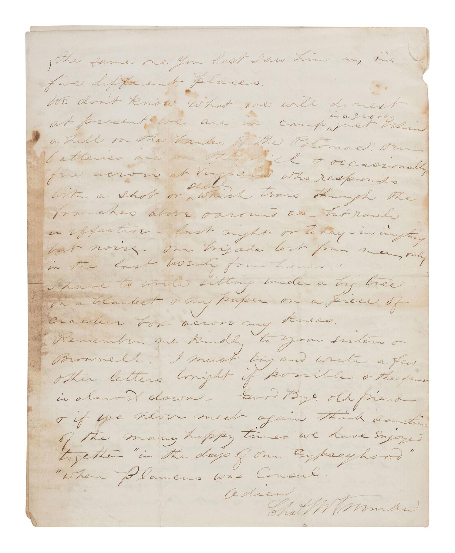 [CIVIL WAR]. Letter with graphic content describing Battles of Antietam and Shepherdstown written by Charles M. Freeman, Syke's Division. Camp on Potomac, 22 September 1862.