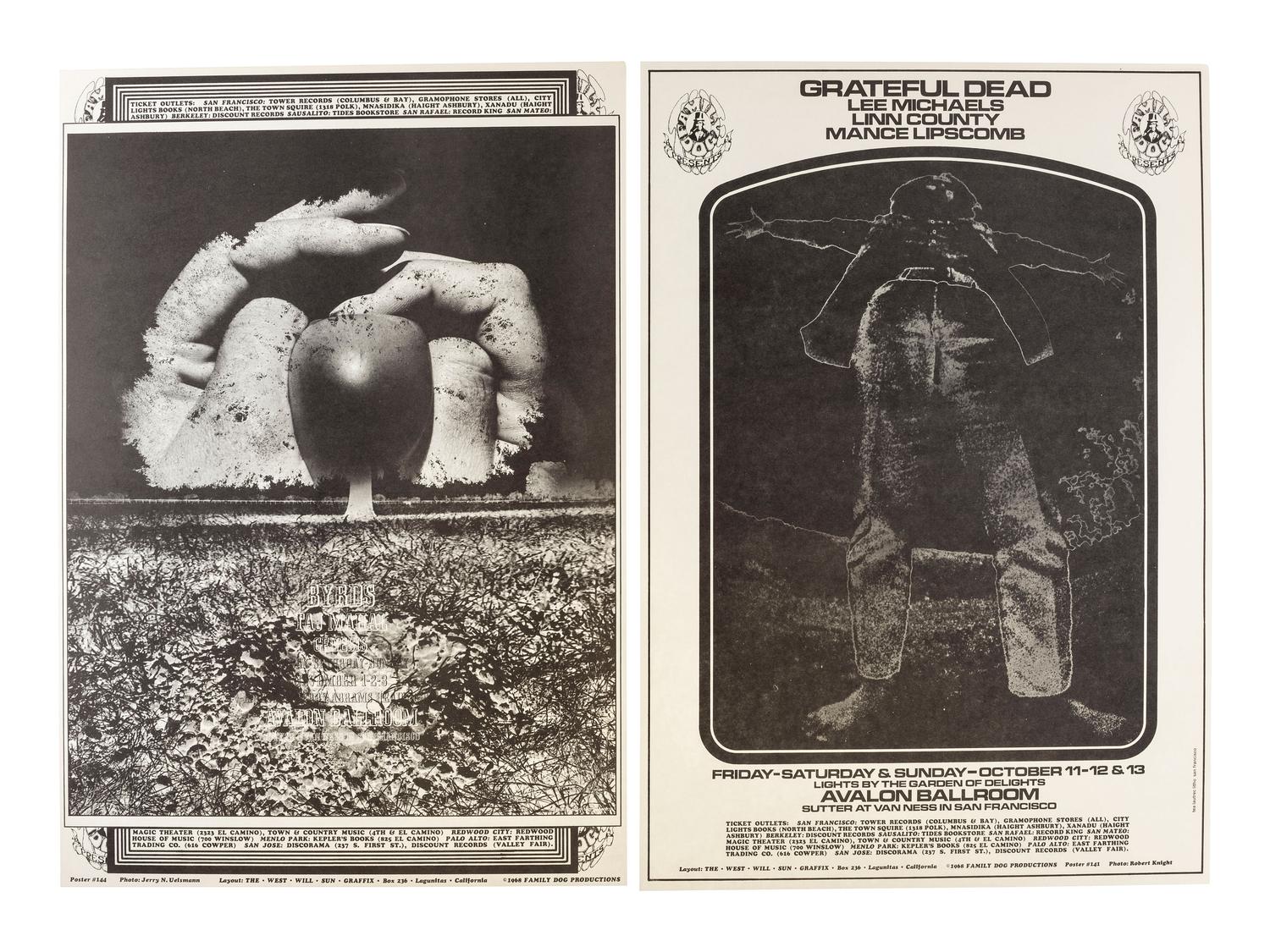 [MUSIC] -- [POSTERS]. CALL, Dean, WILSON, Wes, KNIGHT, Robert, UELSMANN, Robert, WAINWRIGHT, Jerry, SAN ANDREAS FAULT, artists. A group of 8 Family Dog posters for 1968 shows, comprising: