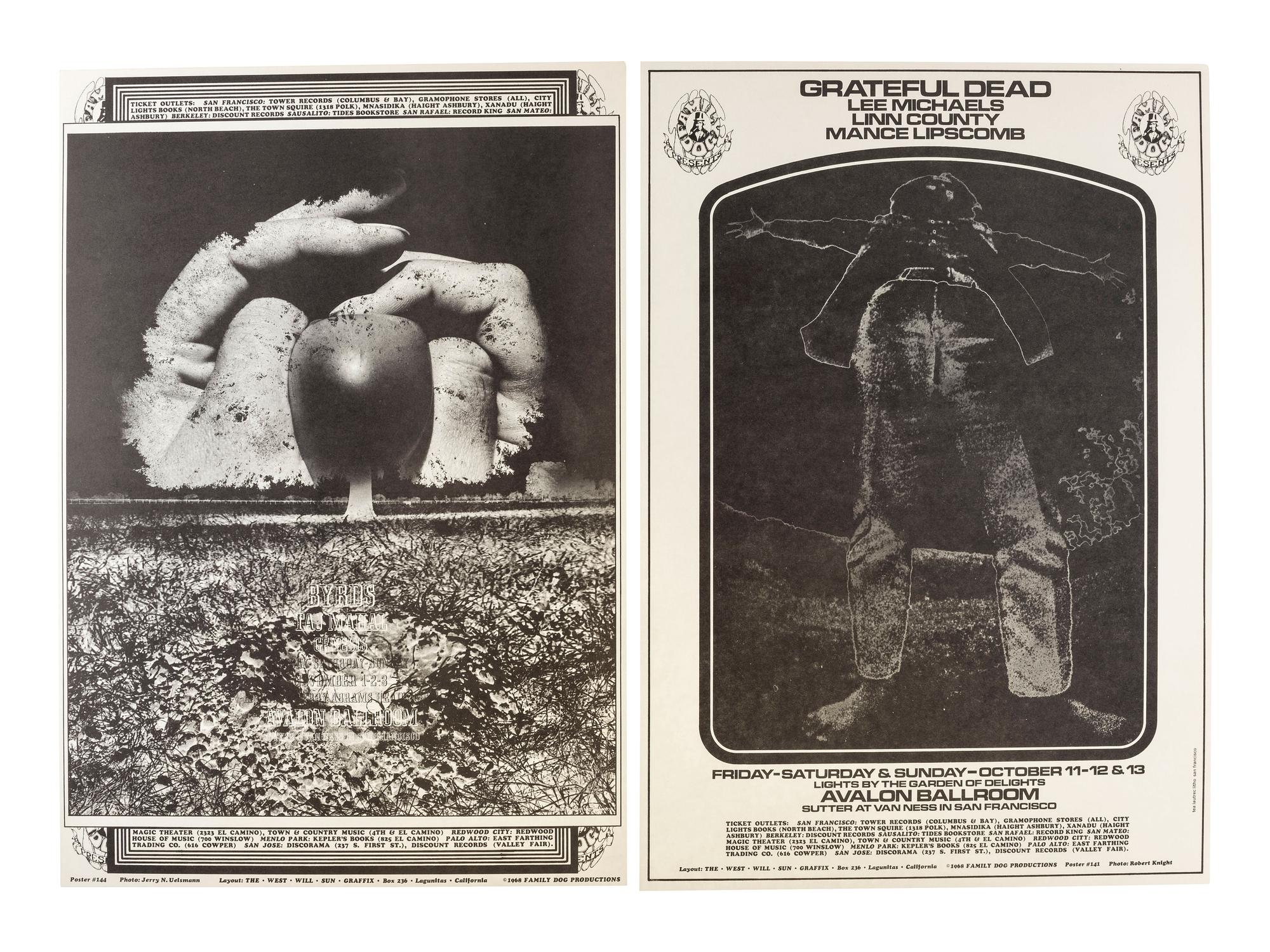 [MUSIC] -- [POSTERS]. CALL, Dean, WILSON, Wes, KNIGHT, Robert, UELSMANN, Robert, WAINWRIGHT, Jerry, SAN ANDREAS FAULT, artists. A group of 8 Family Dog posters for 1968 shows, comprising: