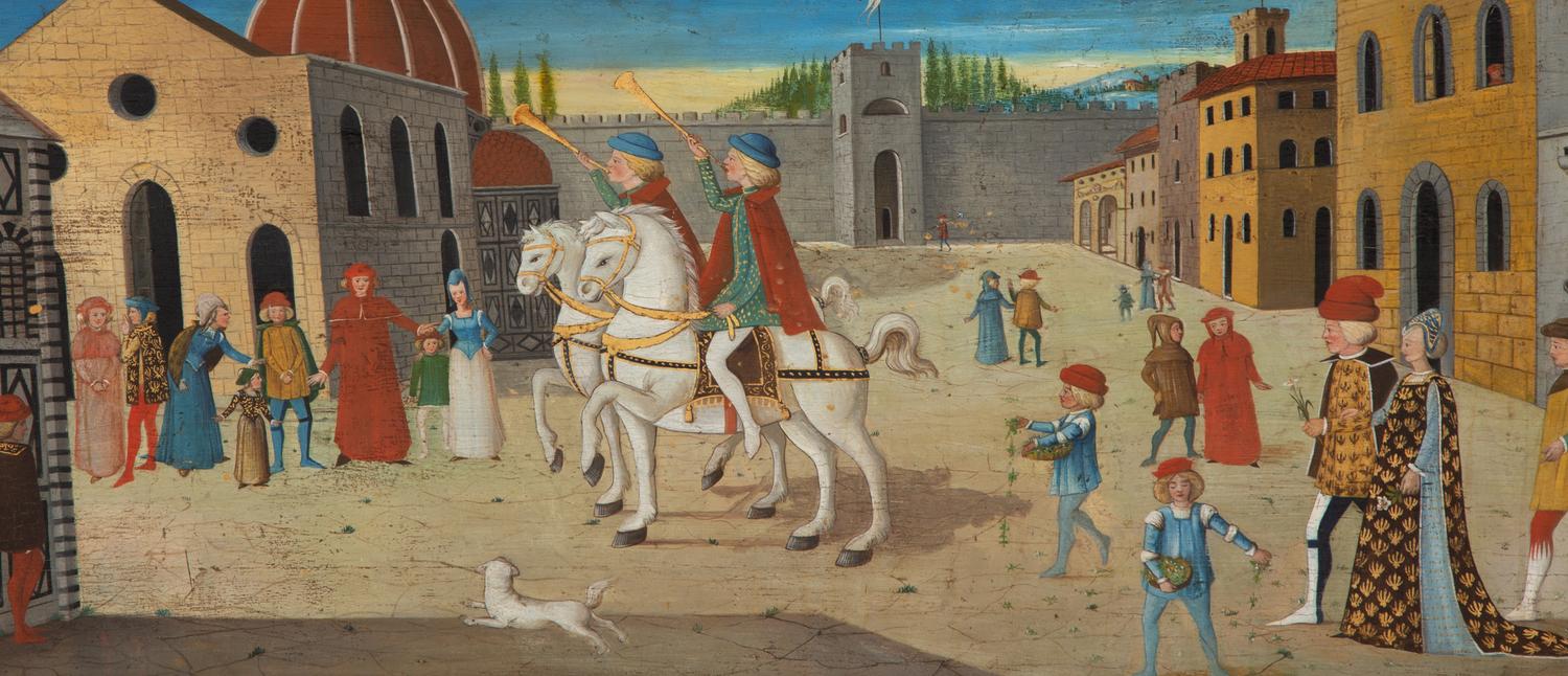 An Italian Renaissance Style Carved, Painted and Parcel Gilt Cassone