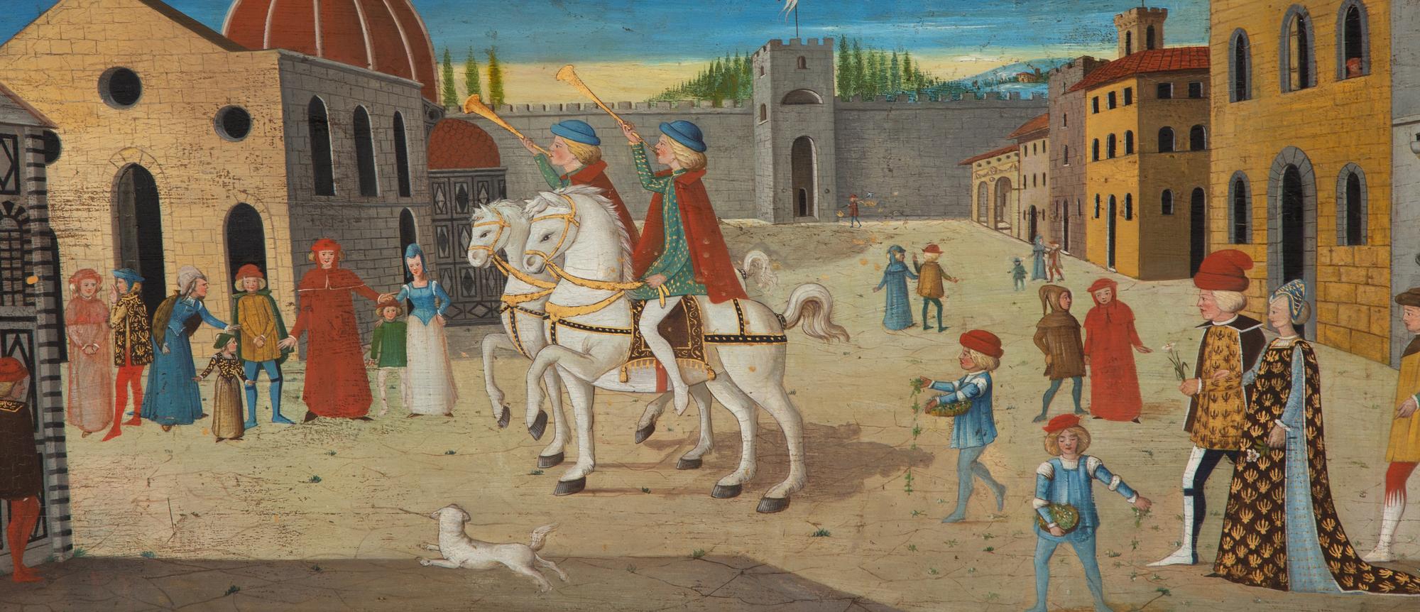 An Italian Renaissance Style Carved, Painted and Parcel Gilt Cassone