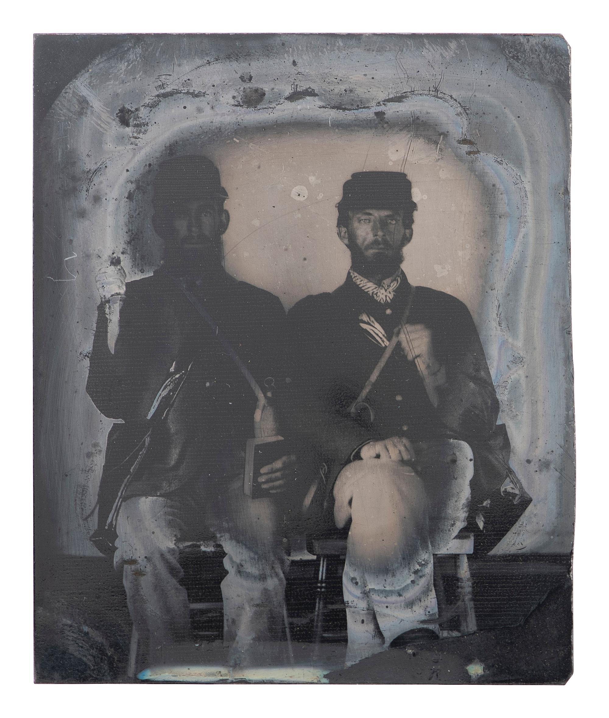 [CIVIL WAR]. Sixth plate ambrotype of Union privates displaying their knives.