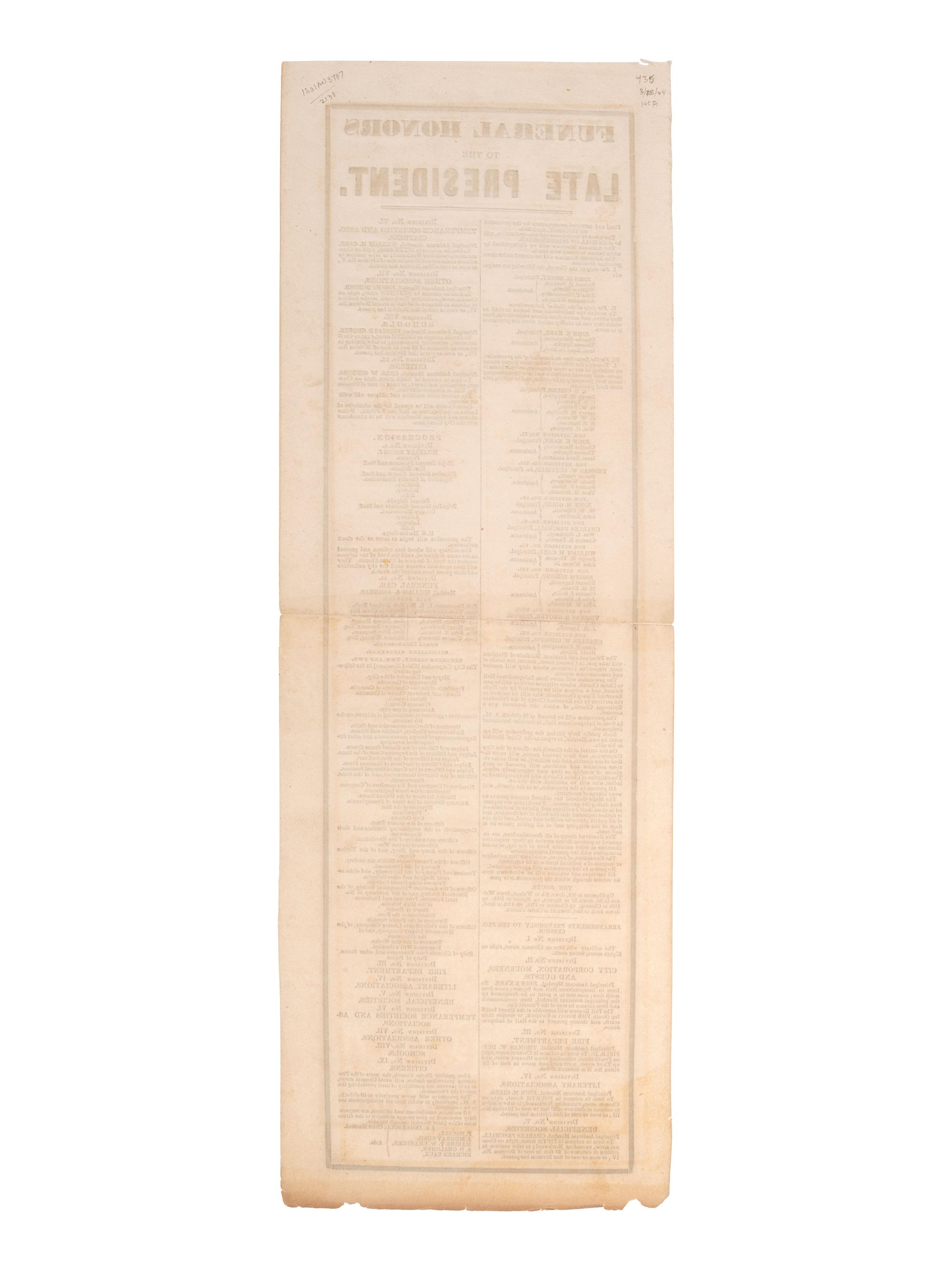 [HARRISON, William Henry]. A group of broadsides, handbills, and manuscripts related to the funeral of William Henry Harrison.