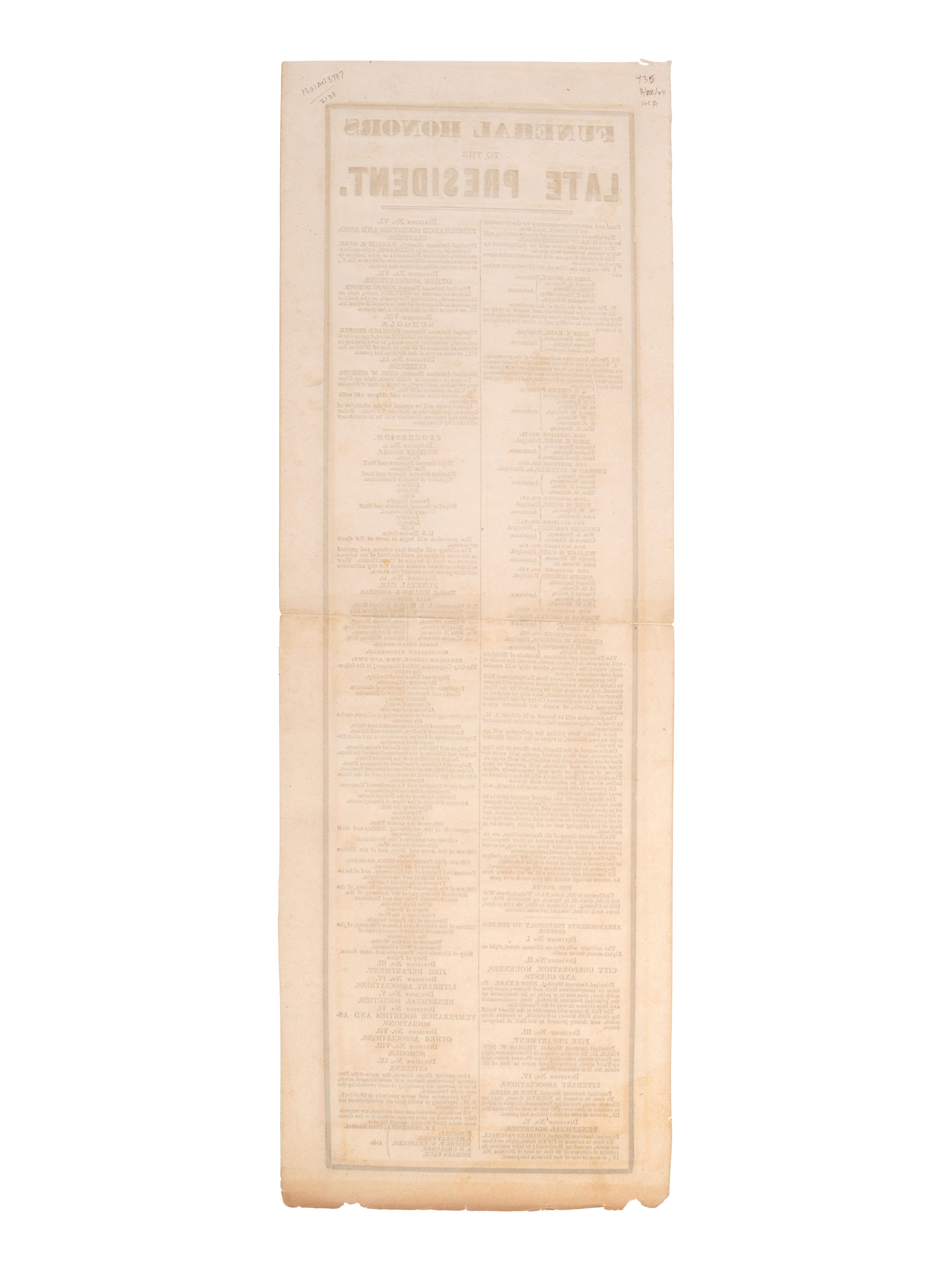 [HARRISON, William Henry]. A group of broadsides, handbills, and manuscripts related to the funeral of William Henry Harrison.