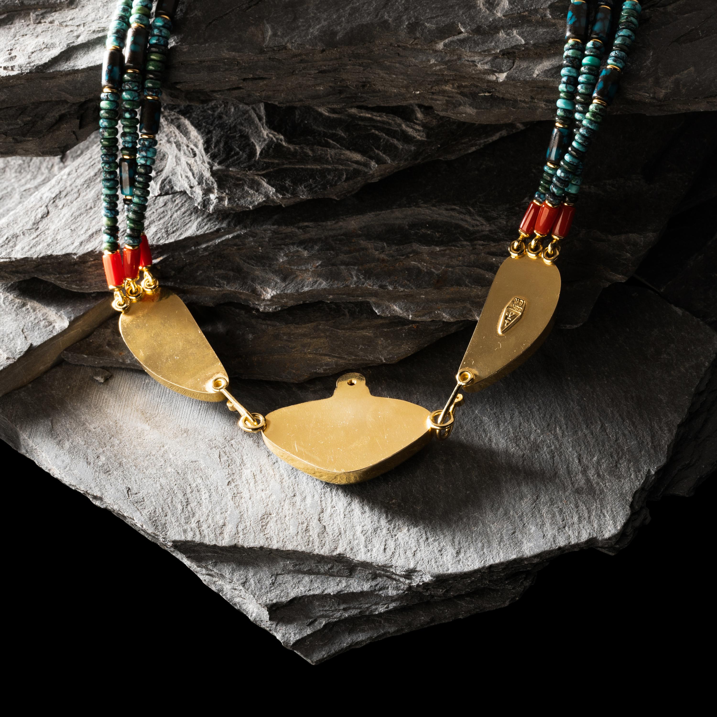 Larry Vasquez (Aztec-Mayan-Mescalero Apache, b. 1947) — 18K and 22K Gold and Gem Grade Turquoise Three-strand Necklace