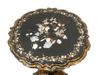 A Pair of Victorian Mother-of-Pearl Inlaid and Parcel Gilt Papier-Mâché Tilt-Top Tables