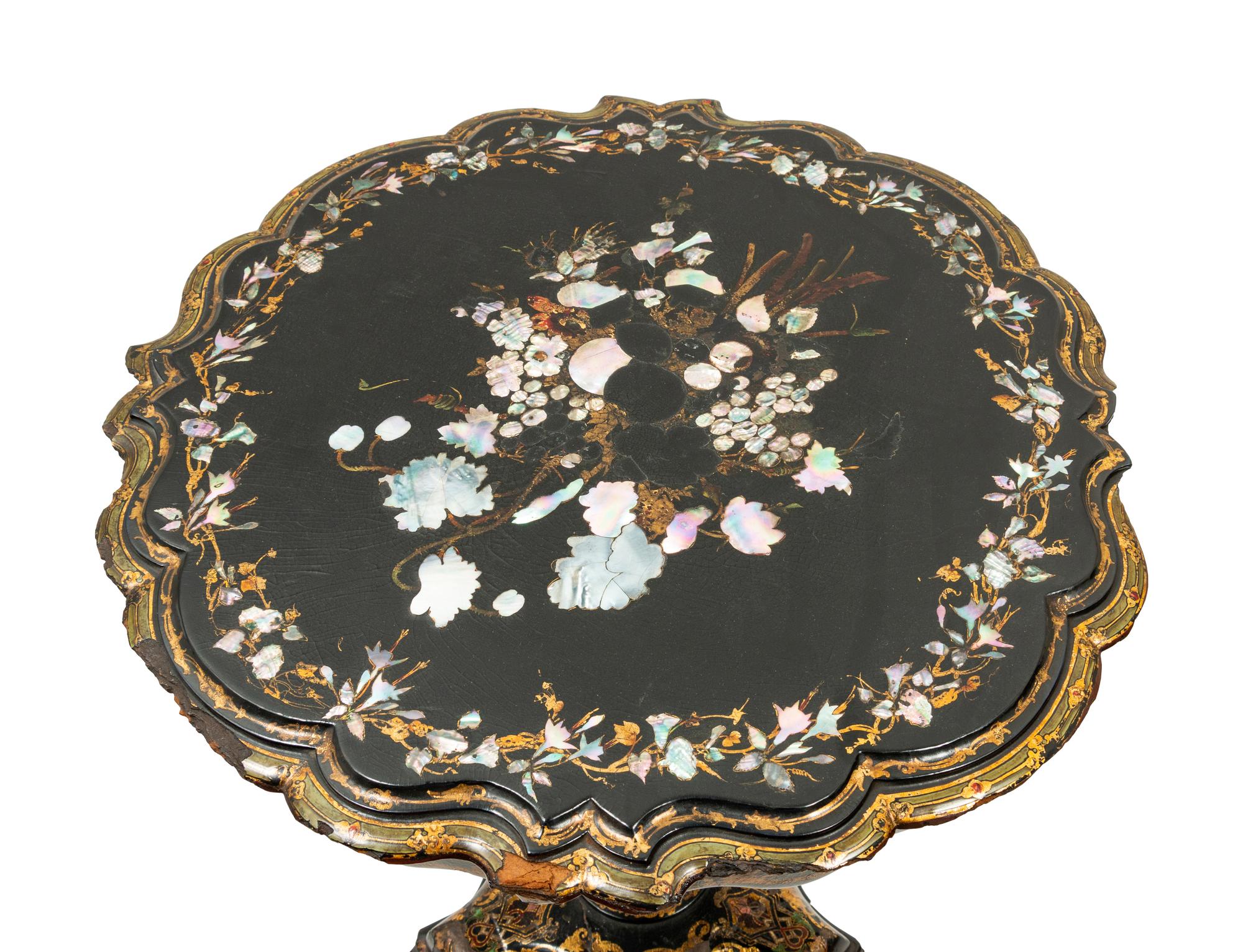 A Pair of Victorian Mother-of-Pearl Inlaid and Parcel Gilt Papier-Mâché Tilt-Top Tables