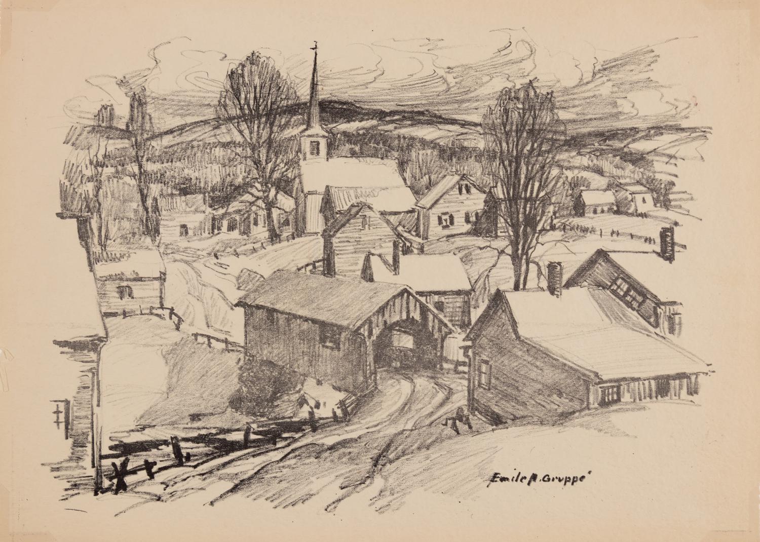 A group of six American prints (Emile Gruppe, Country Scene with Houses ; Nathan Margolies, Cornhuskers ; Leo Meissner, Jeter Spivey's Place ; Darwin Musselman, Going Home ; Thomas Nason, Haystacks ; Julius Tanzer, New England Yard )
