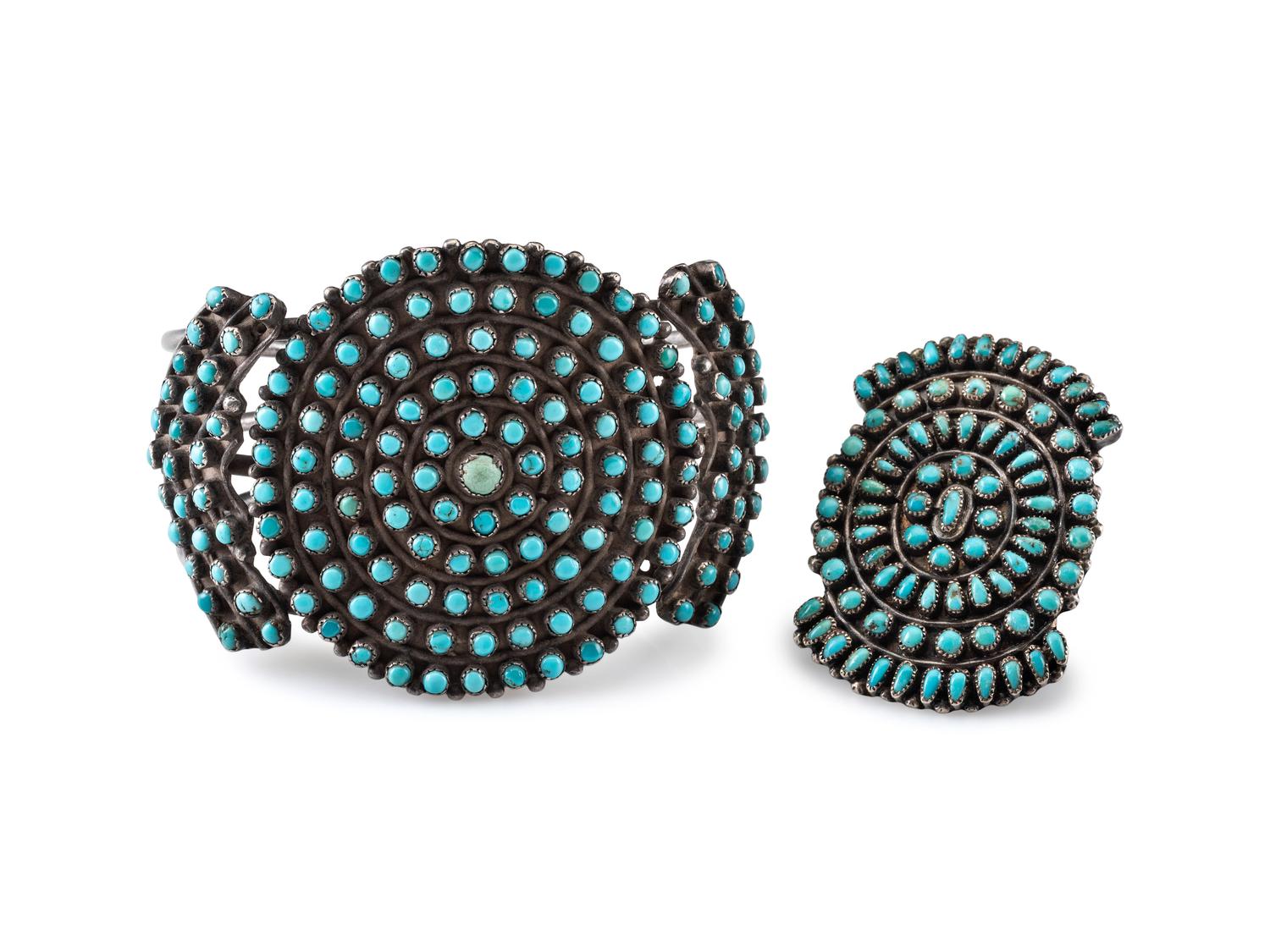 Zuni Silver and Petit Point Turquoise Cluster Cuff Bracelet, PLUS Ring