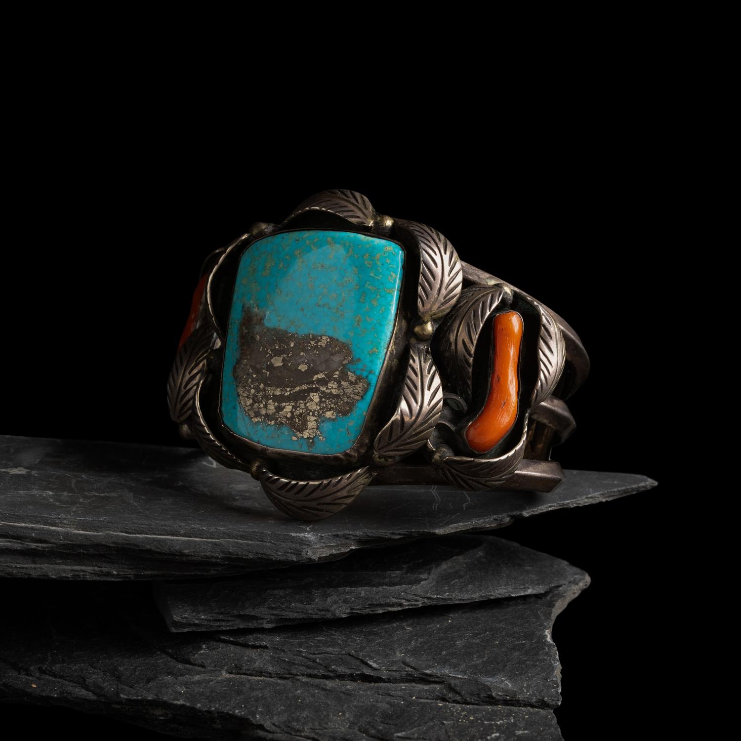 Navajo Silver, Turquoise, and Coral Cuff Bracelet