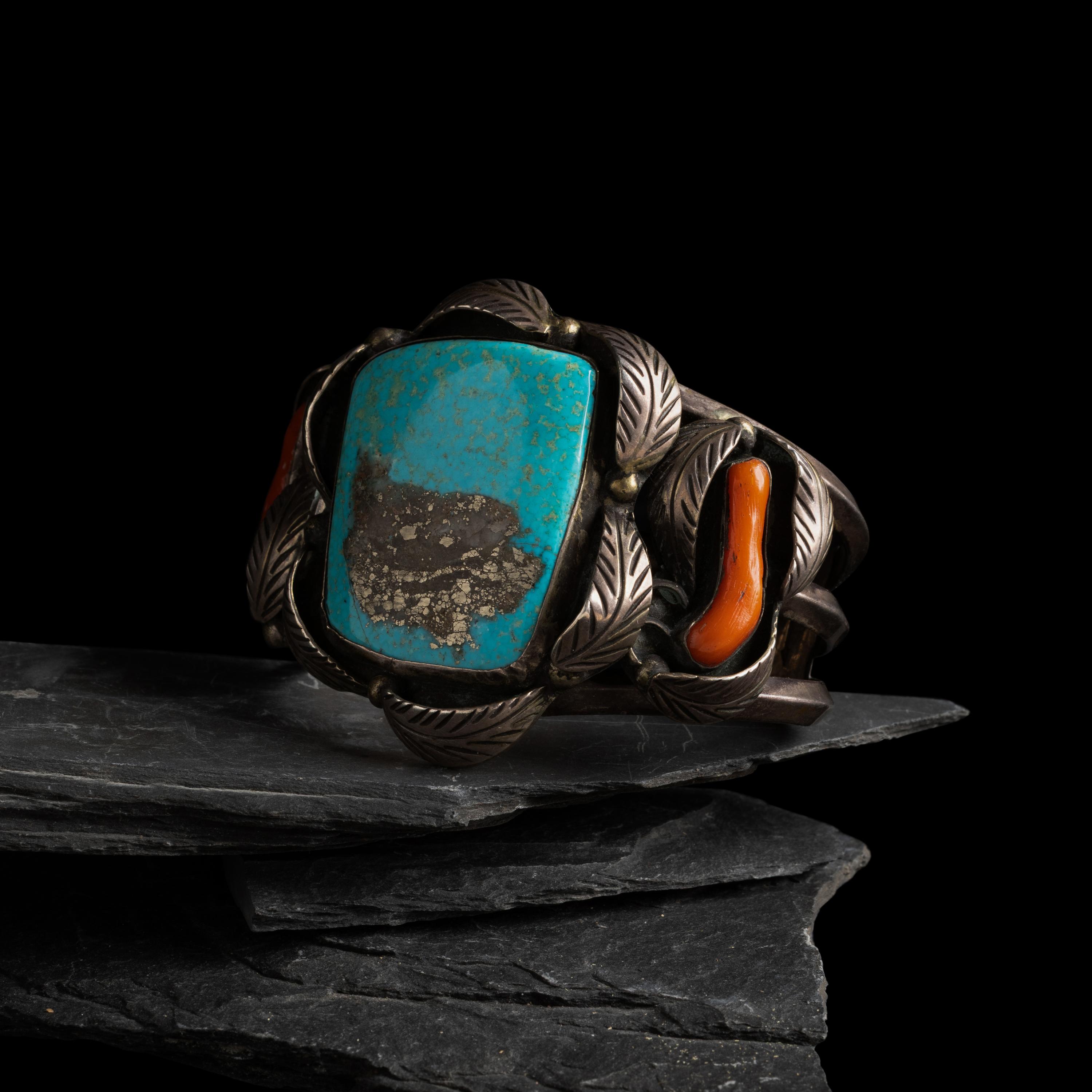 Navajo Silver, Turquoise, and Coral Cuff Bracelet