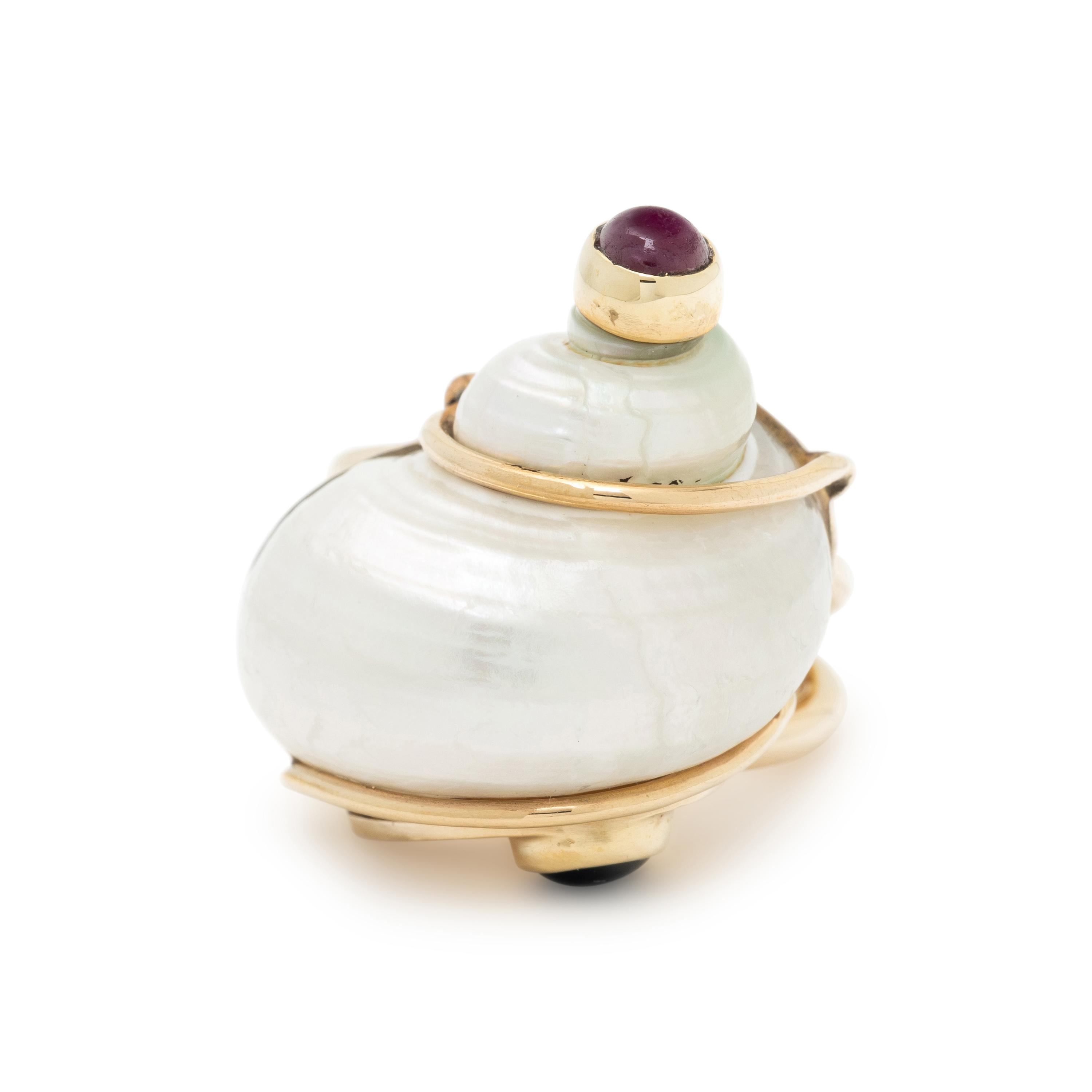 SEAMAN SCHEPPS, TURBO SHELL, RUBY, SAPPHIRE, AND YELLOW GOLD RING