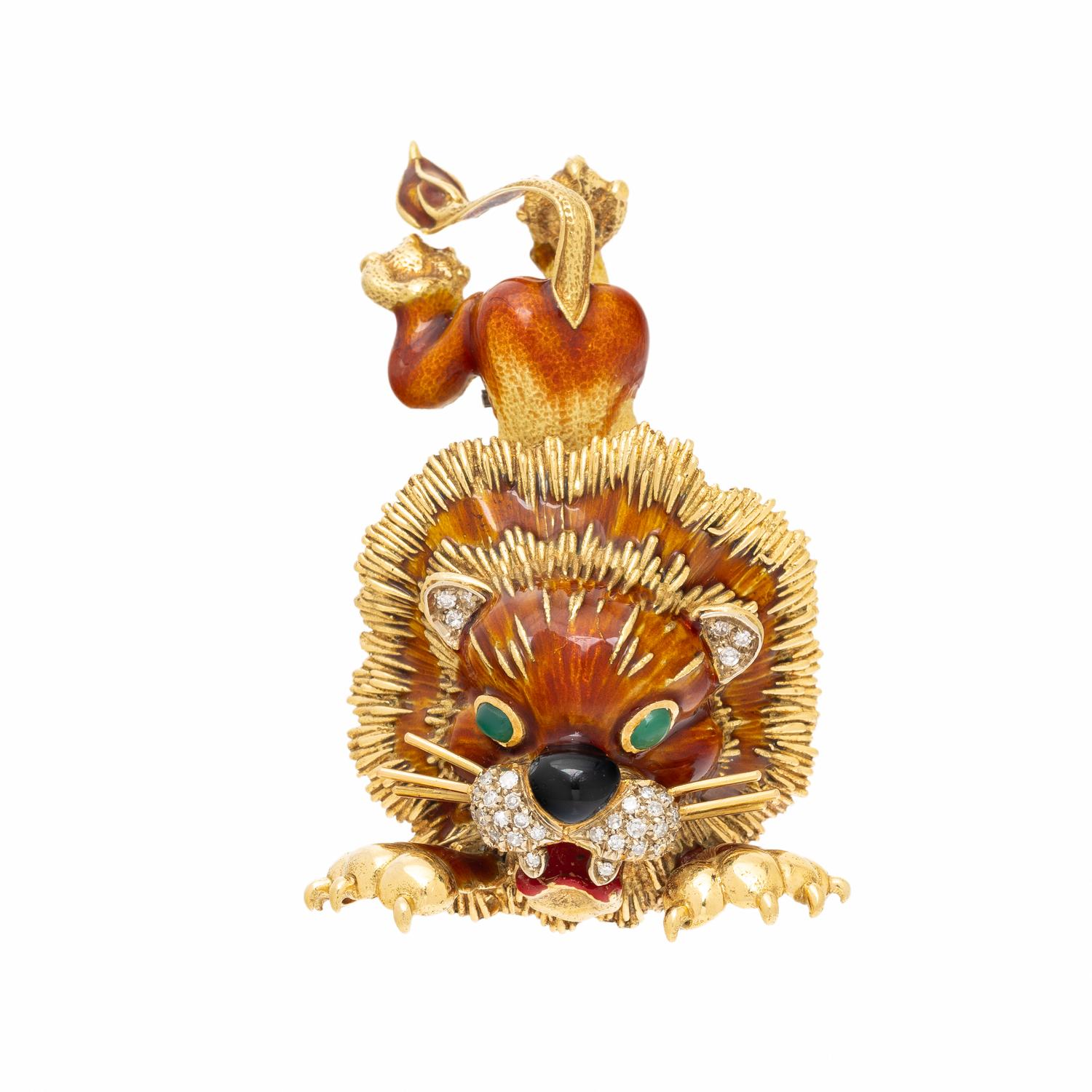 YELLOW GOLD, DIAMOND, AND ENAMEL LION BROOCH