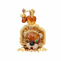 YELLOW GOLD, DIAMOND, AND ENAMEL LION BROOCH