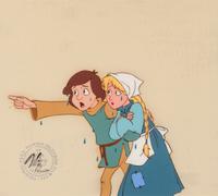 Two production cels from the 1985 Walt Disney television series, "Adventures of the Gummi Bears," depicting Sunni and Cavin and Princess Calla.
