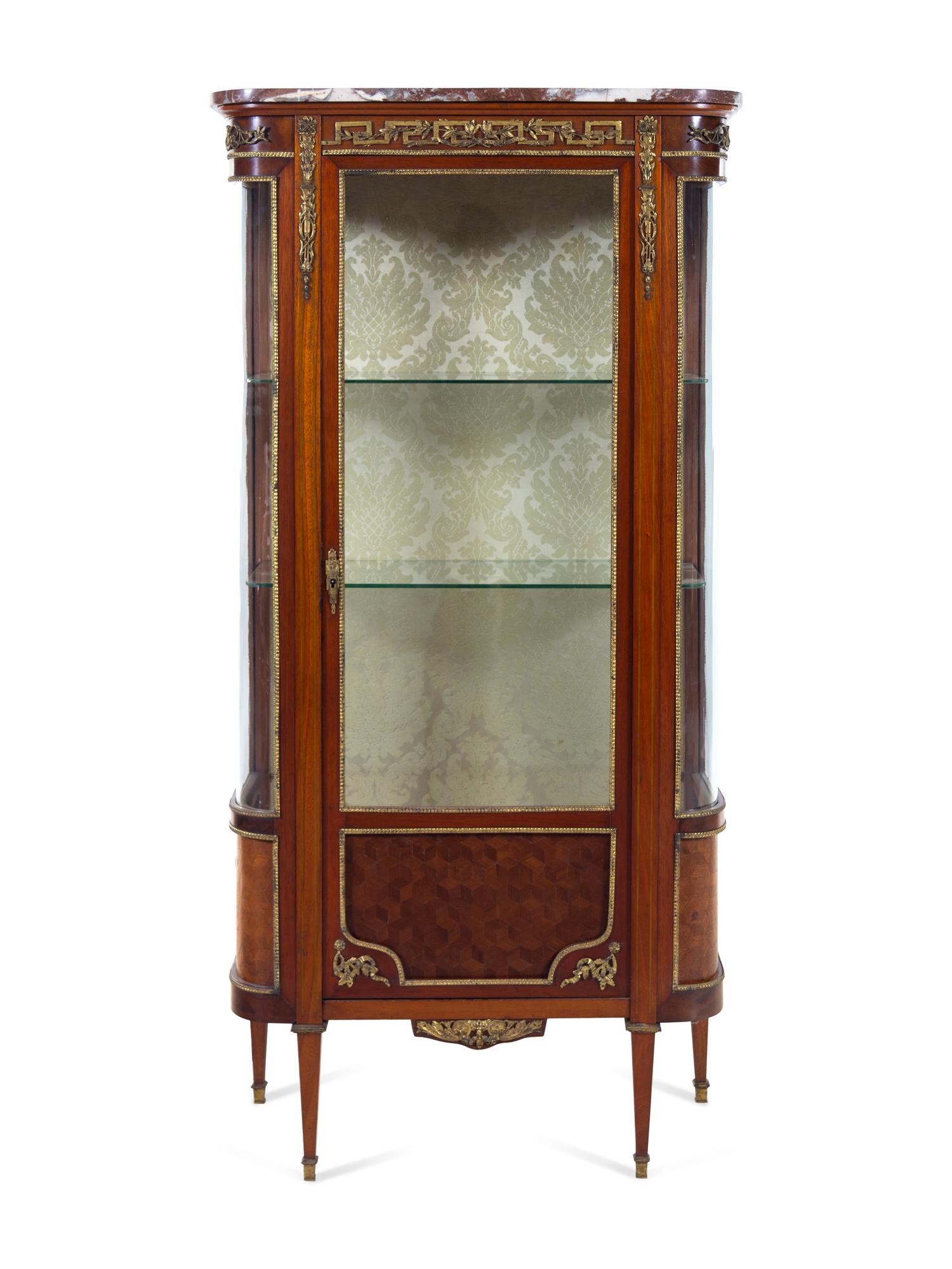 A Louis XVI Style Gilt Bronze Mounted Parquetry Vitrine Cabinet