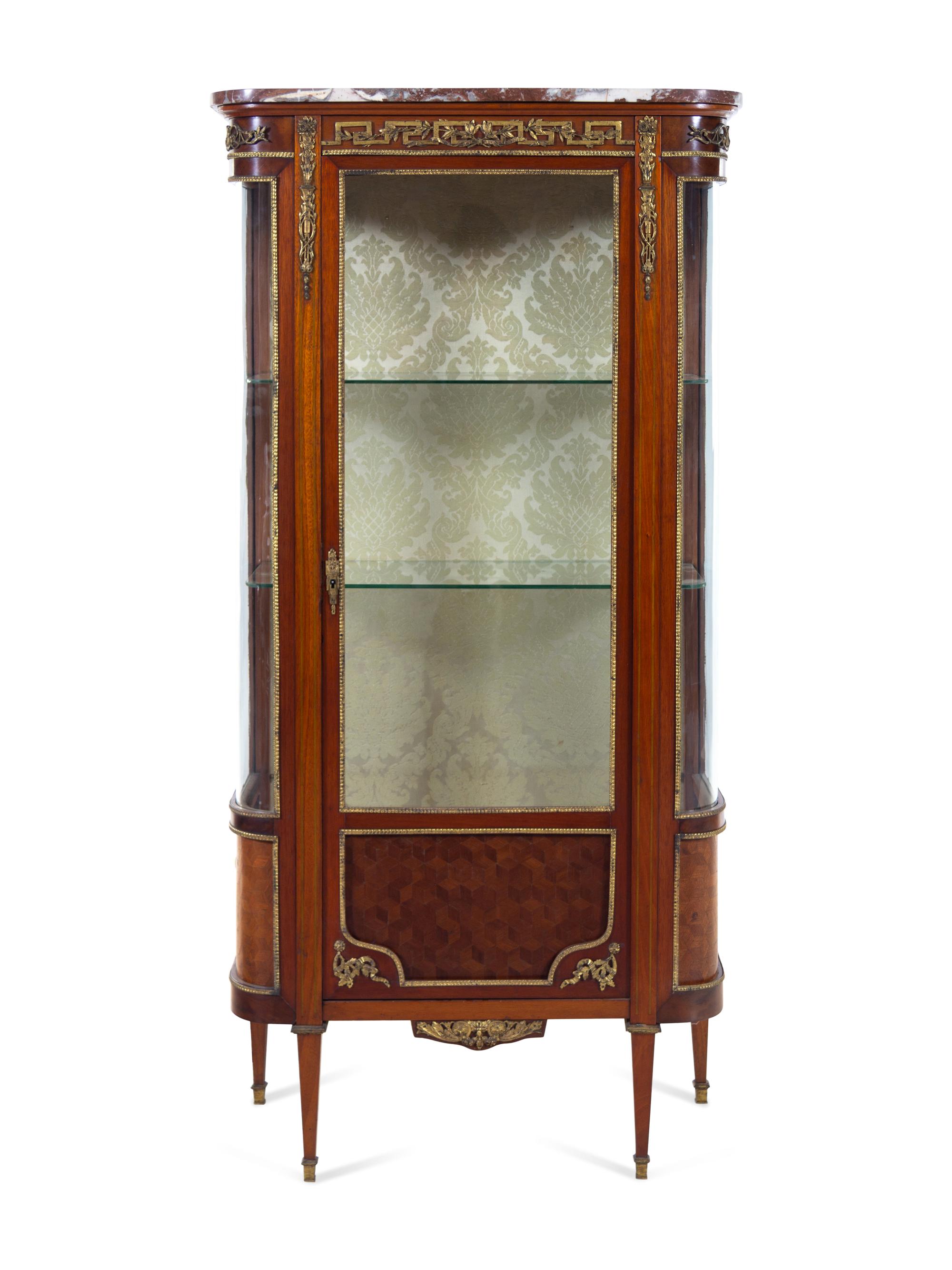 A Louis XVI Style Gilt Bronze Mounted Parquetry Vitrine Cabinet