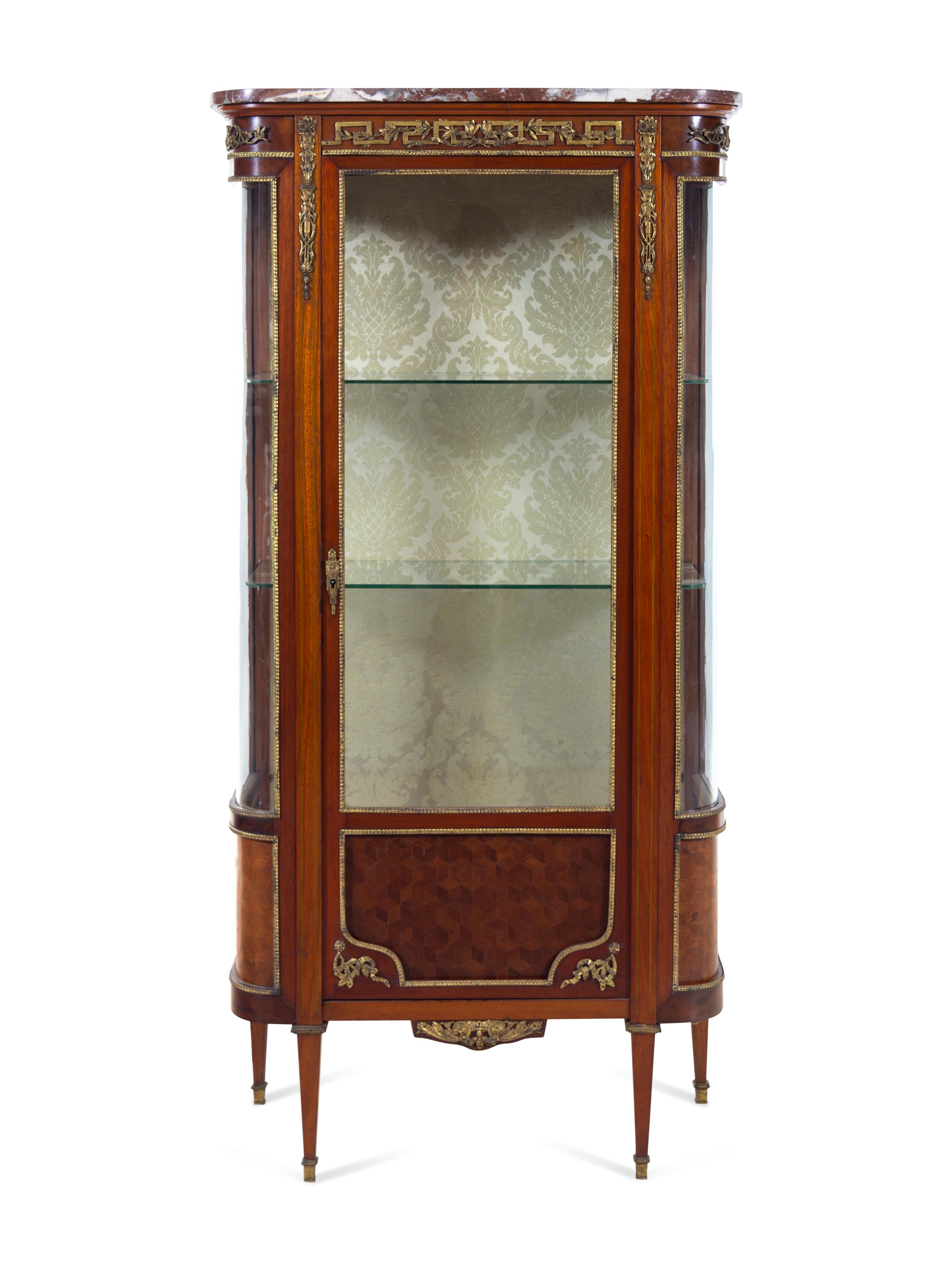 A Louis XVI Style Gilt Bronze Mounted Parquetry Vitrine Cabinet