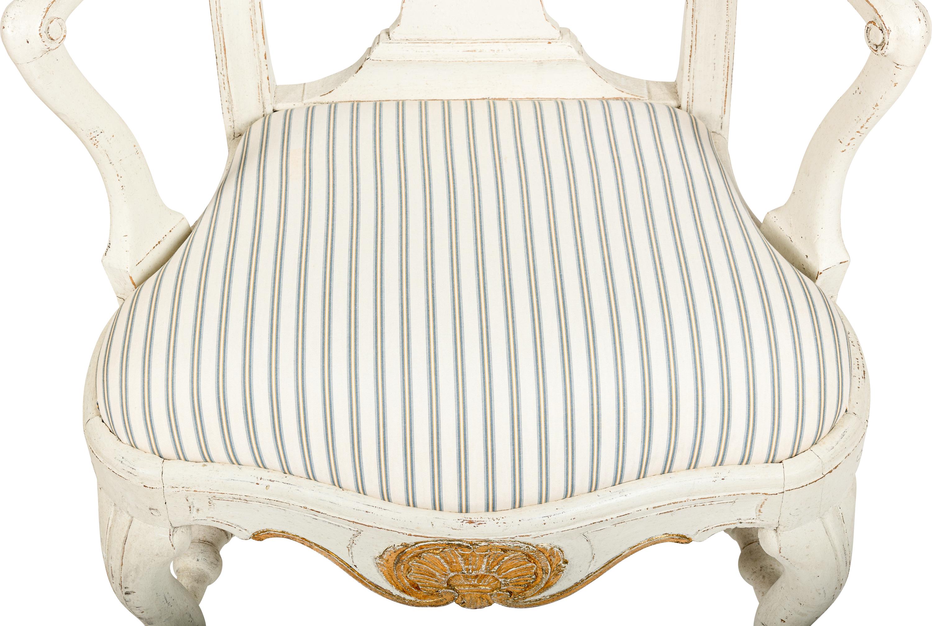 A Pair of Swedish White-Painted and Parcel-Gilt Open Armchairs