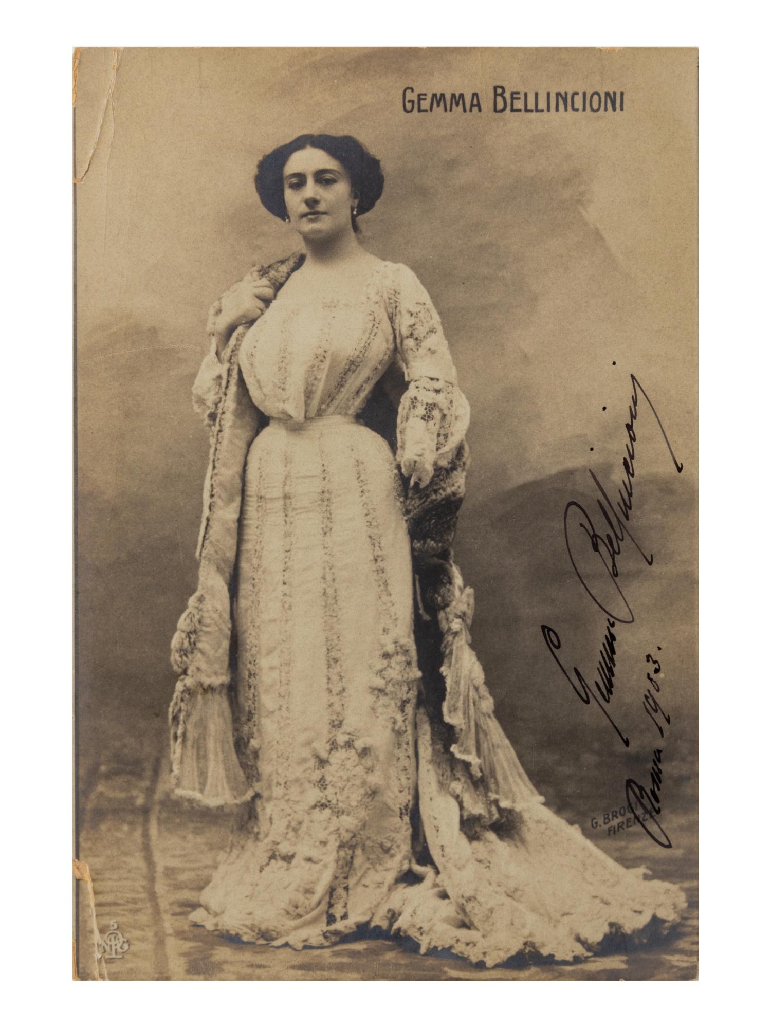 BELLINCIONI, Gemma (1864-1950). Black and white photographic postcard, signed (“Gemma Bellincioni Roma”), 1903.