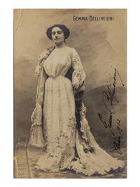 BELLINCIONI, Gemma (1864-1950). Black and white photographic postcard, signed (“Gemma Bellincioni Roma”), 1903.