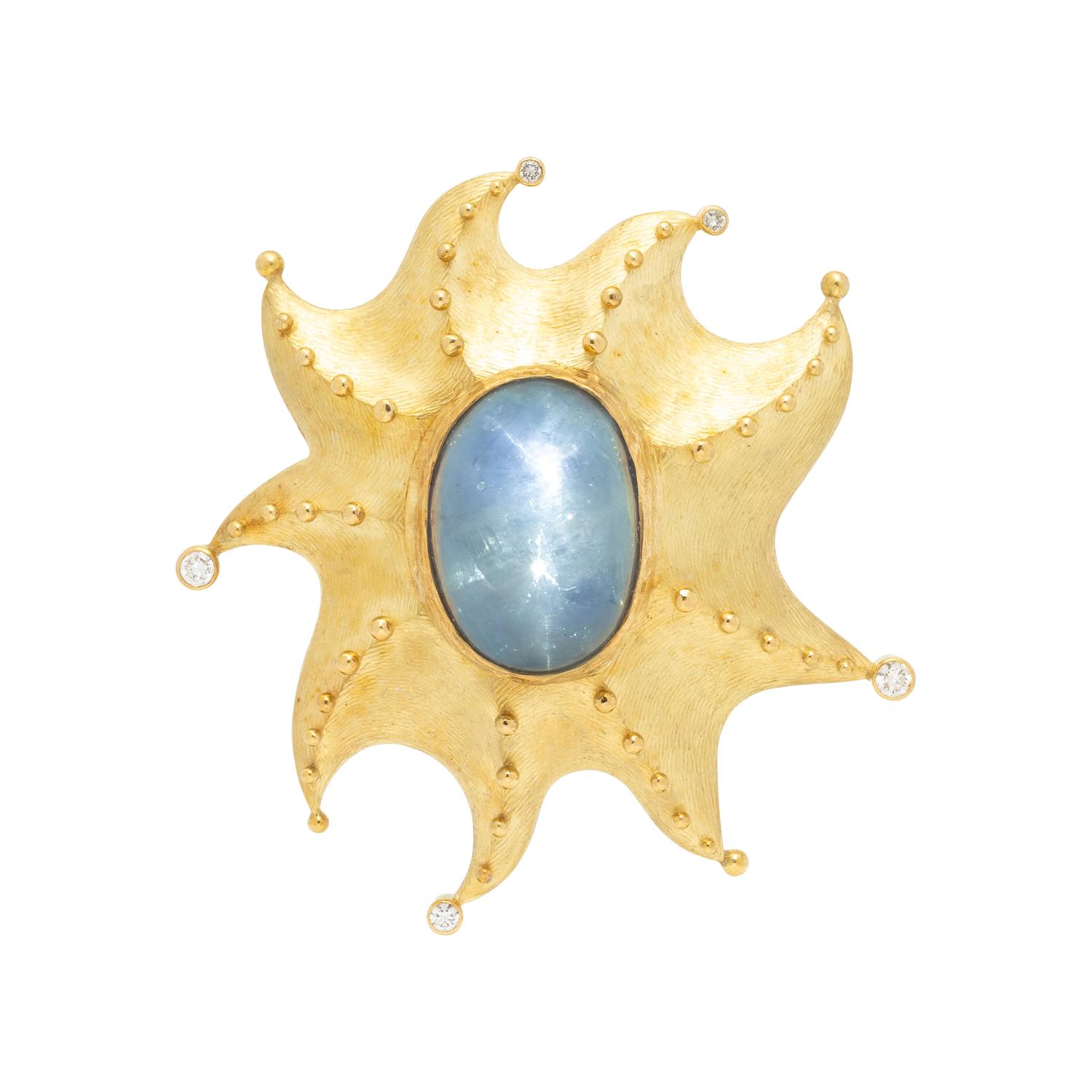 SAPPHIRE, DIAMOND, AND YELLOW GOLD SEA STAR PENDANT BROOCH