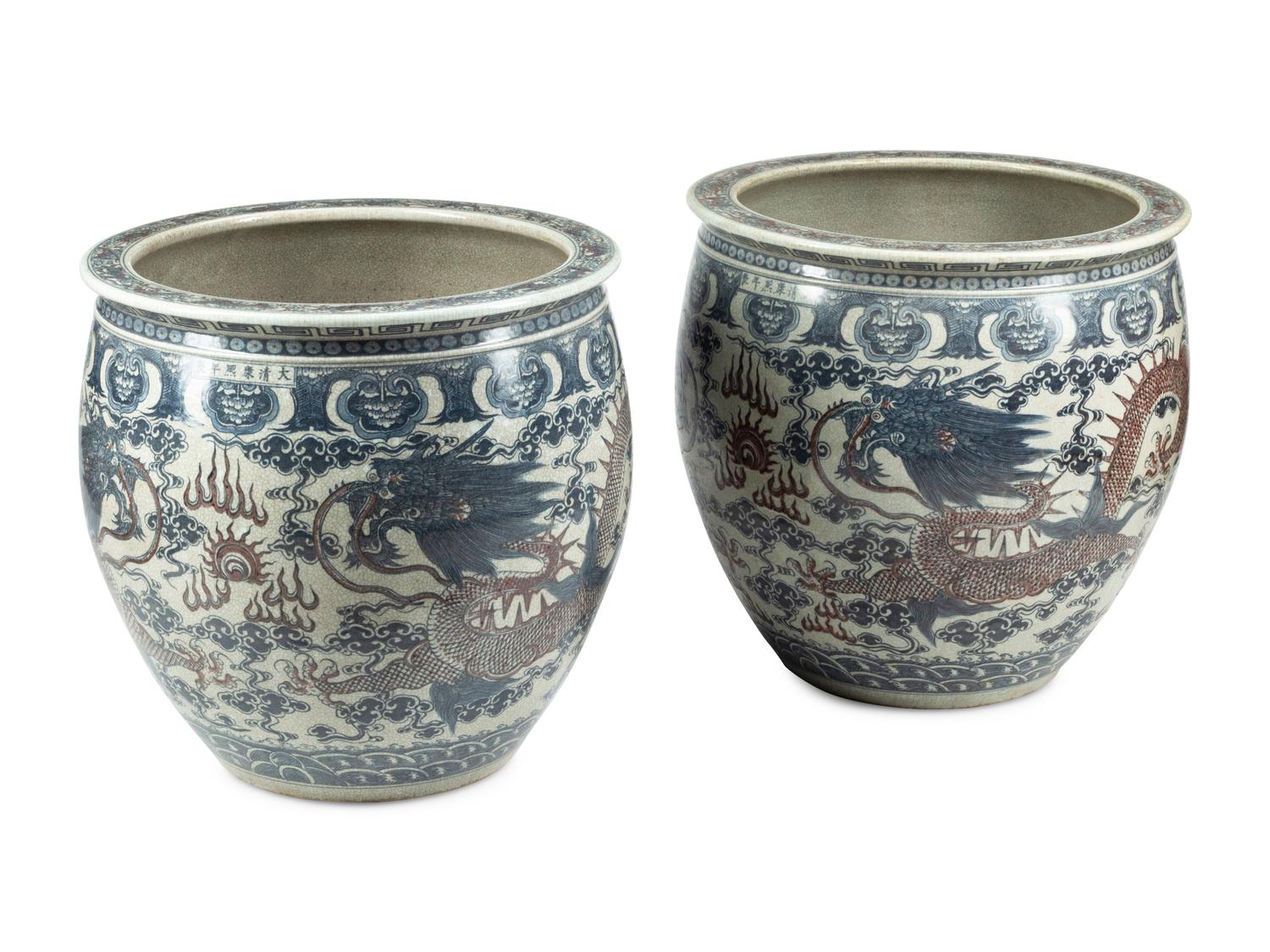 A Pair of Large Chinese Blue and White Porcelain Fish Bowls