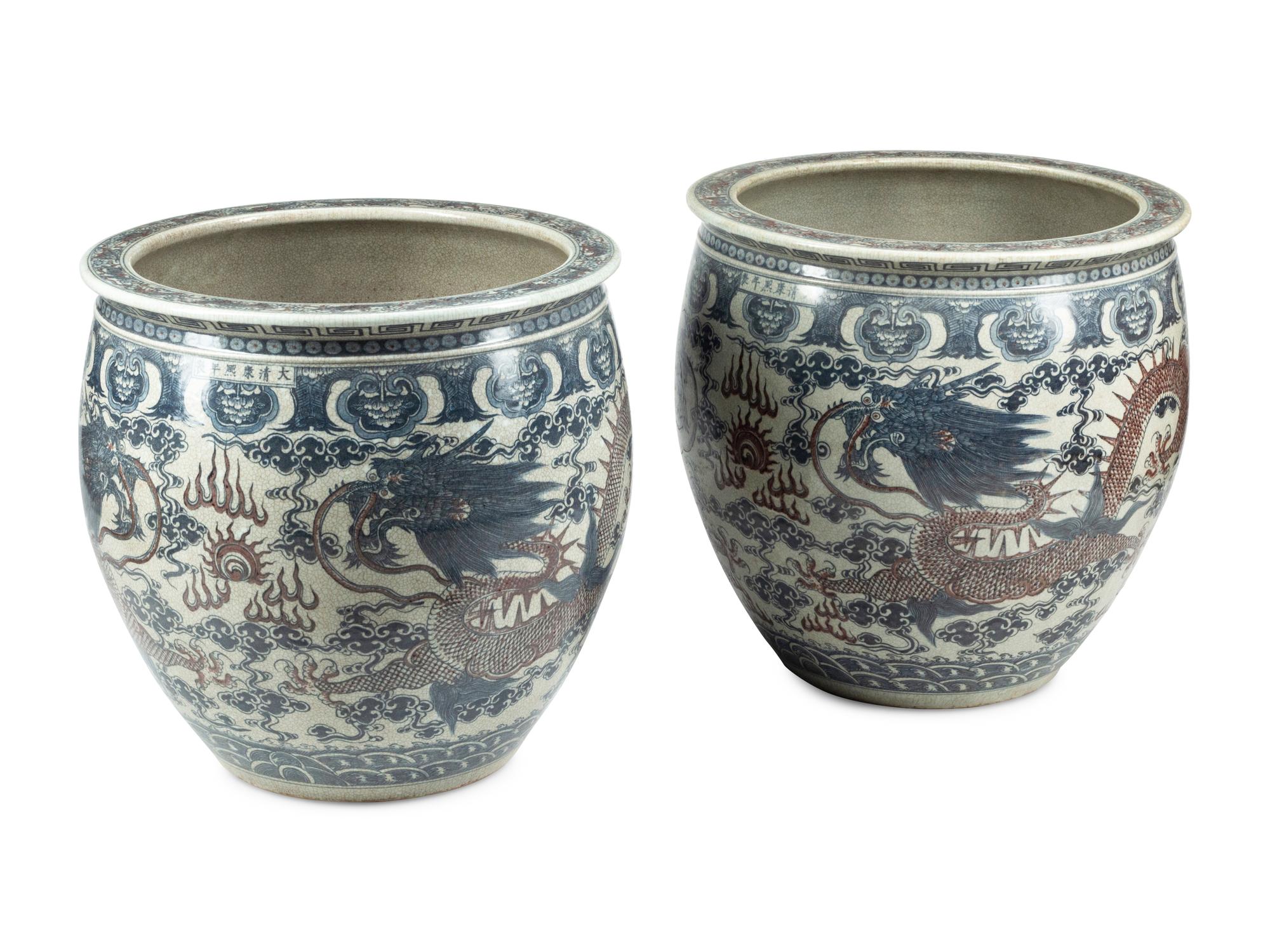 A Pair of Large Chinese Blue and White Porcelain Fish Bowls