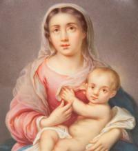 A Dresden Painted Porcelain Oval Plaque of the Madonna and Child
